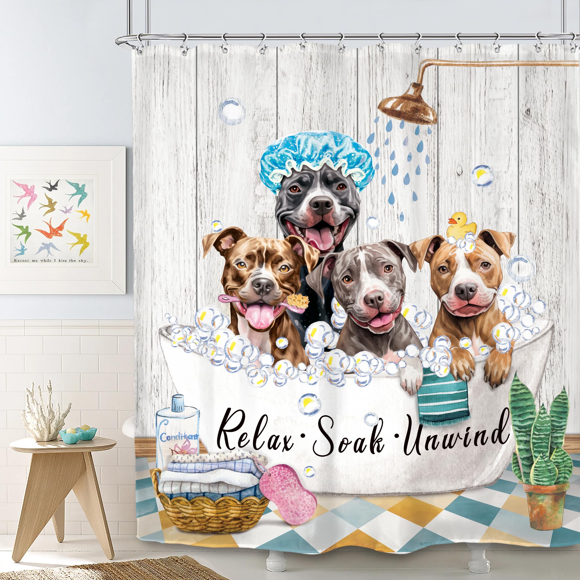 Svbright Funny Dog Shower Curtain 60Wx72L Inch Kids Cute Animals Farmhouse Puppy Shower Wooden Plank Bubbles Vintage Rustic 12 P