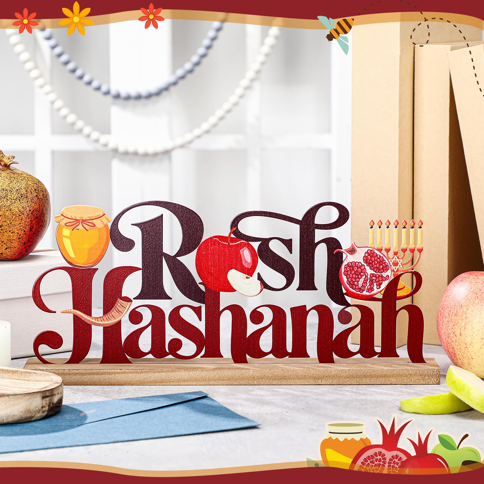 MiniInflat Rosh Hashanah Metal Sign Jewish New Year Table Centerpiece Tiered Tray Decor with Wooden Base Apple Pomegranate Decor
