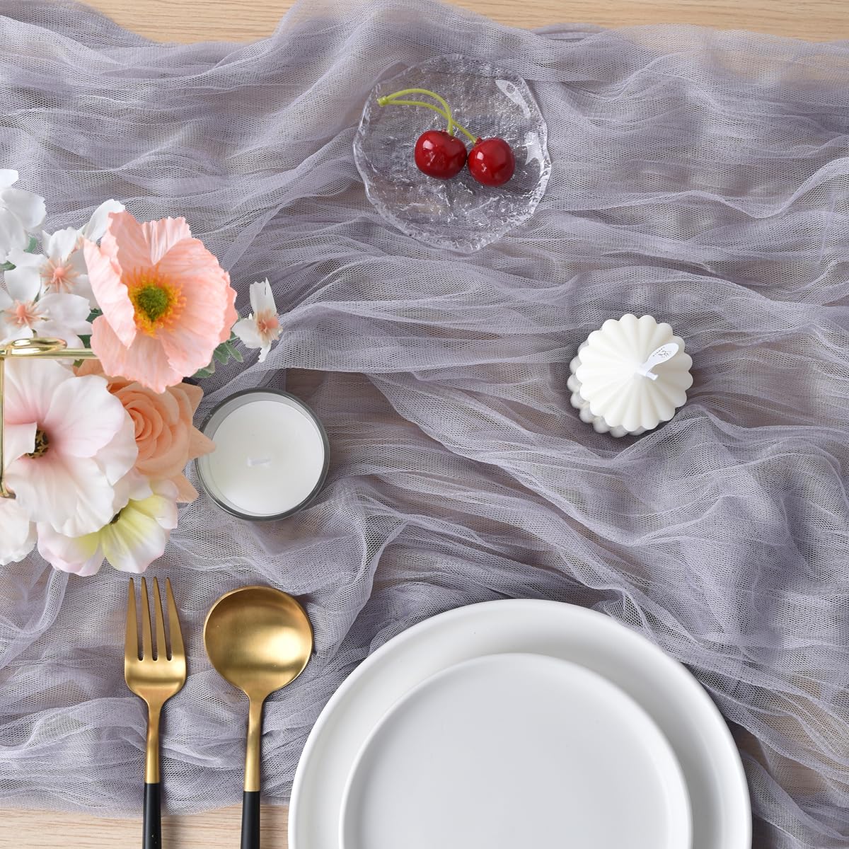 Joanlody Light Gray Cheesecloth Table Runner 10Ft Rustic Gauze Cheese Cloth Table Runner Boho Fall Thanksgiving Table Runner For