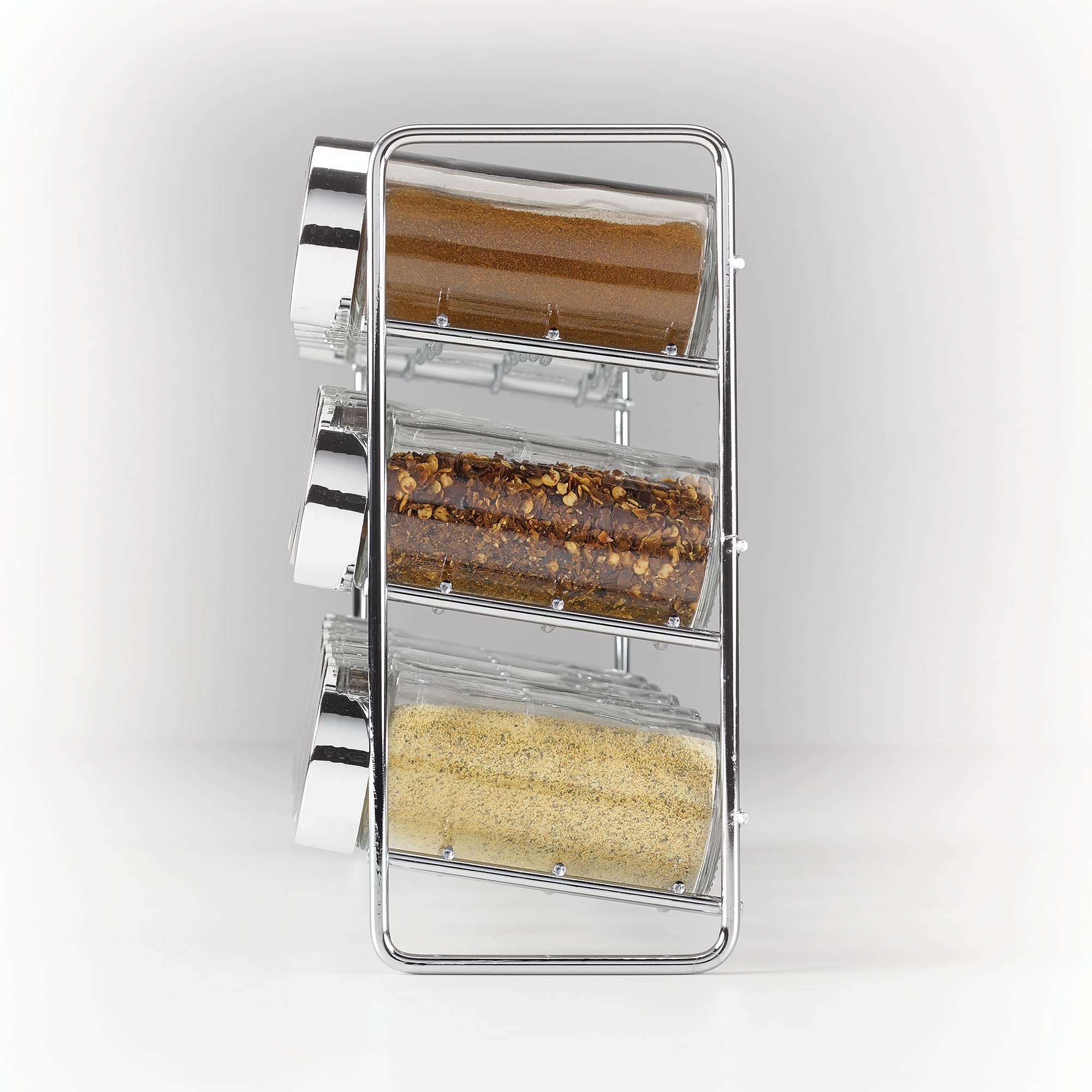 Polder Chrome 18-Jar Compact Spice Rack, 18-5 Ounce Glass Jar Has Perforated Shaker Caps, Chrome Plated Lids, Sleek Enough For C