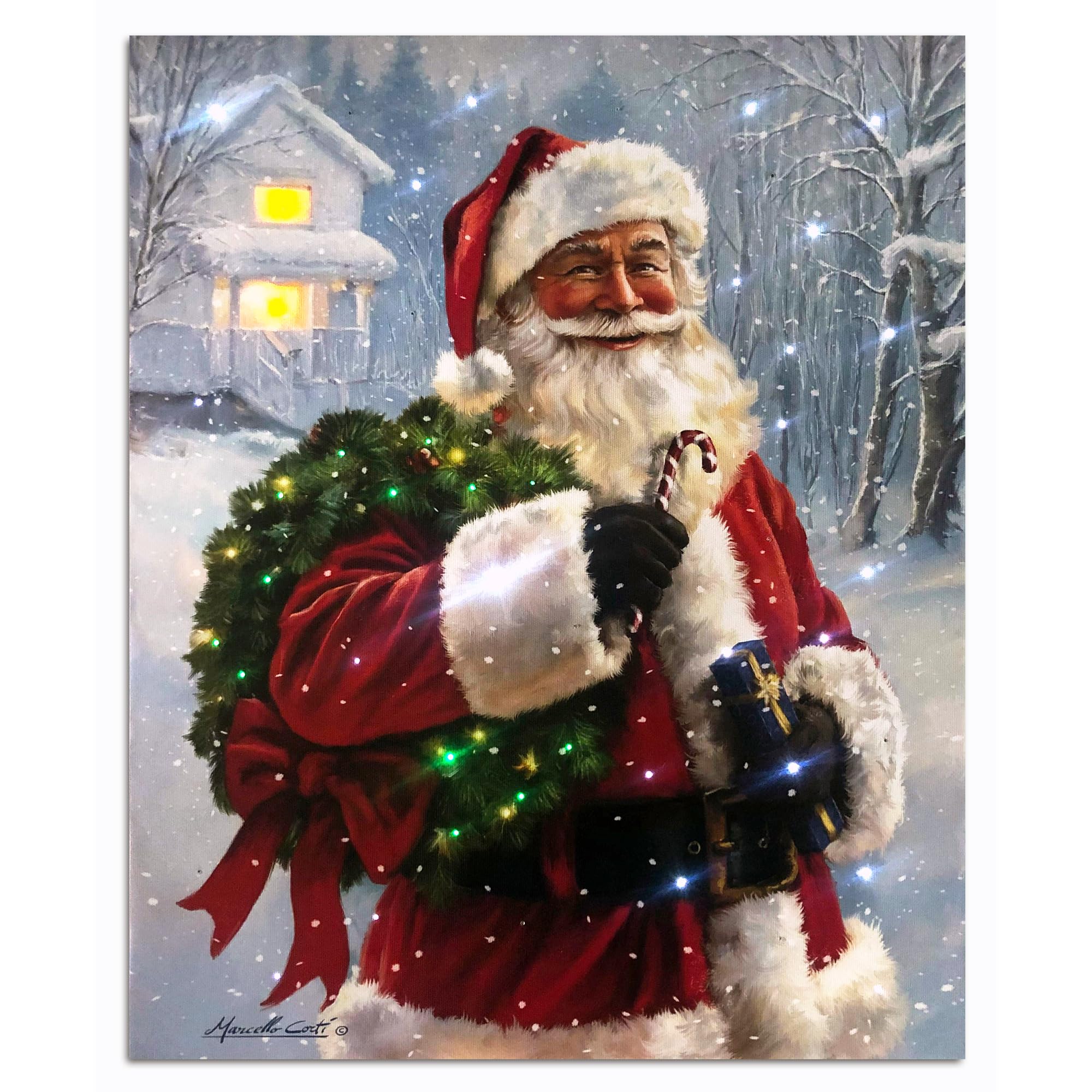 Led Canvas Wall Print Art With Timer, Light Up Pictures With Fiber Optic Lights, Powered By Batteries, Santa Painting Lit Up Can