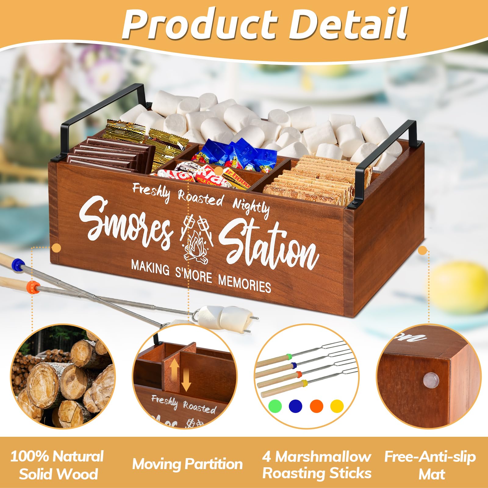 Wooden S mores Station, S mores Caddy Bar Holder with Handles for Counter, Farmhouse Smores Serving Tray for Kitchen, Smores Mak