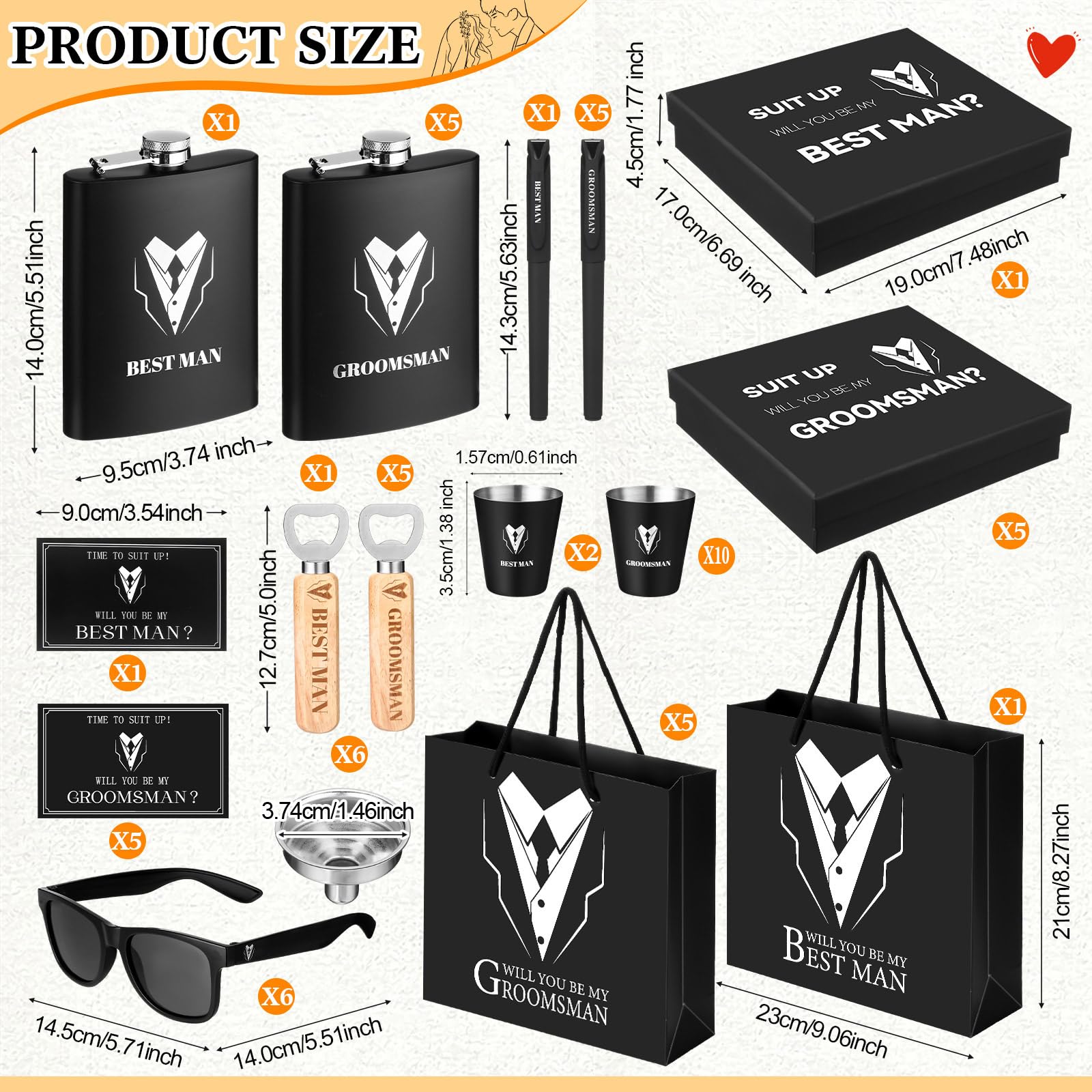 Layhit 54 Pcs Groomsmen Gifts Set Of 6, Groomsmen Proposal Gift Set, 6 Flask And 12 Stainless Steel Shot Glass 6 Wood Bottle Ope