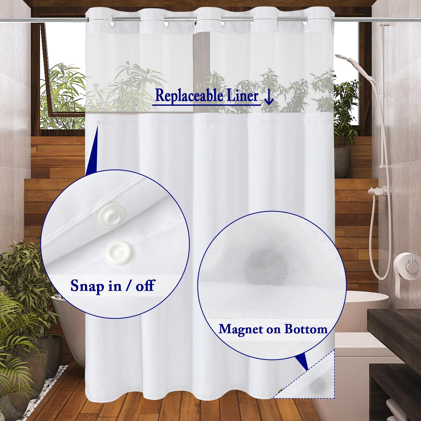 Gibelle No Hook Waffle Weave Shower Curtain With Snap-In Fabric Liner Set For Bathroom, Hotel Style With Mesh Top Window, Waterp