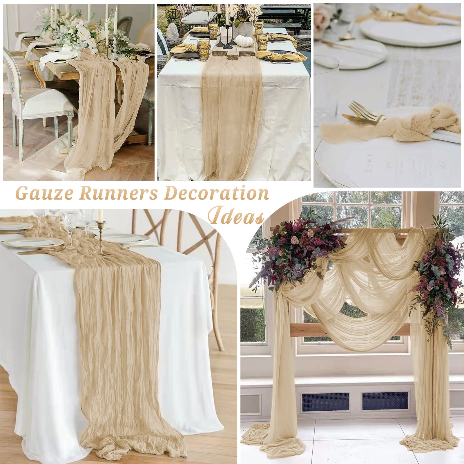10 Pcs Beige Cheesecloth Table Runner 10Ft, Gauze Table Runner For Wedding Reception Sheer Bridal Shower Birthday Party Boho Tab
