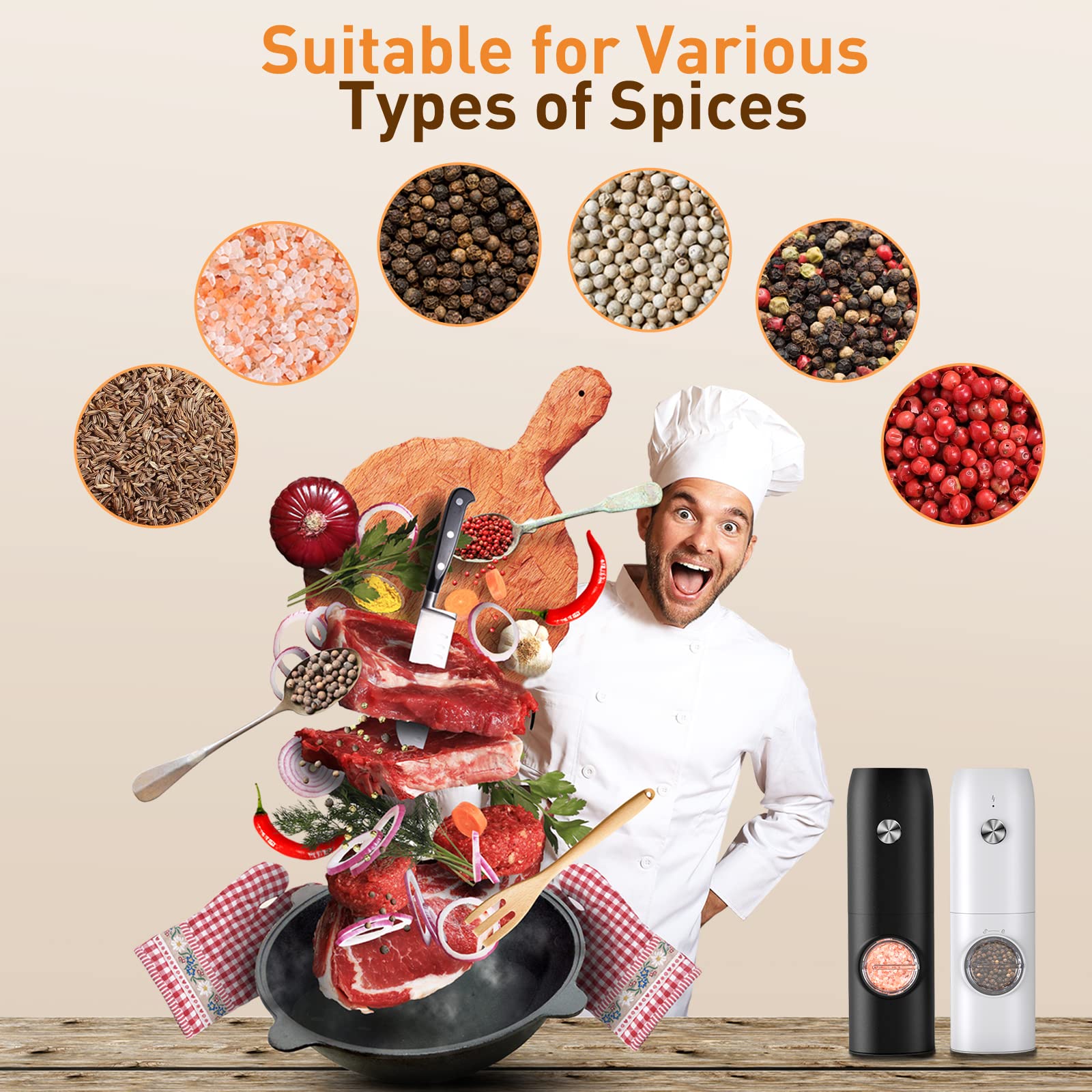 Electric Salt And Pepper Grinder Set (2 Pack), Rechargeable - No Battery Needed - Automatic Salt Pepper Mill Grinder, Adjustable