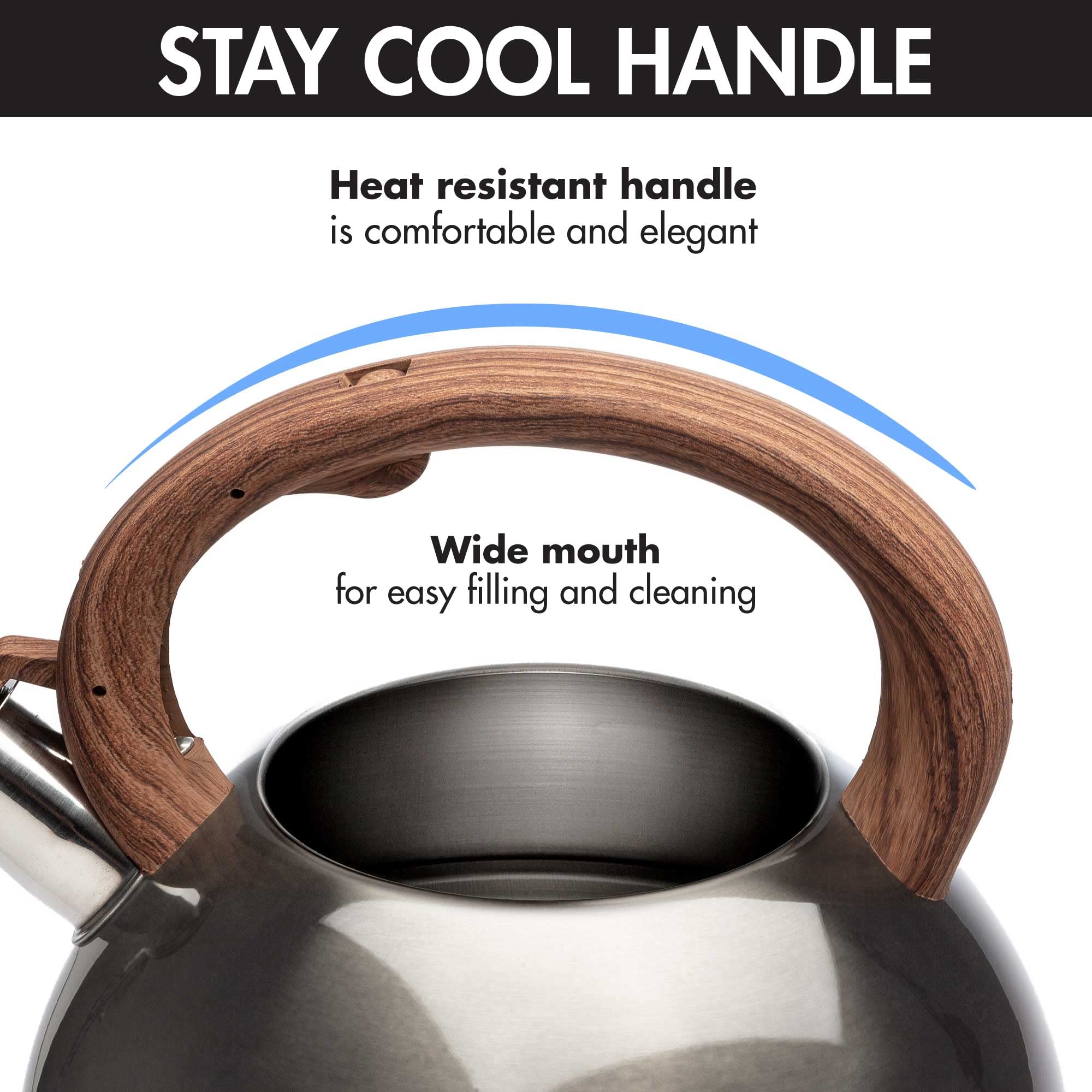 Primula Avalon Whistling Stovetop Tea Kettle, Food Grade Stainless Steel Wide Mouth, Fast To Boil, Cool Touch Handle, 2.5-Quart,