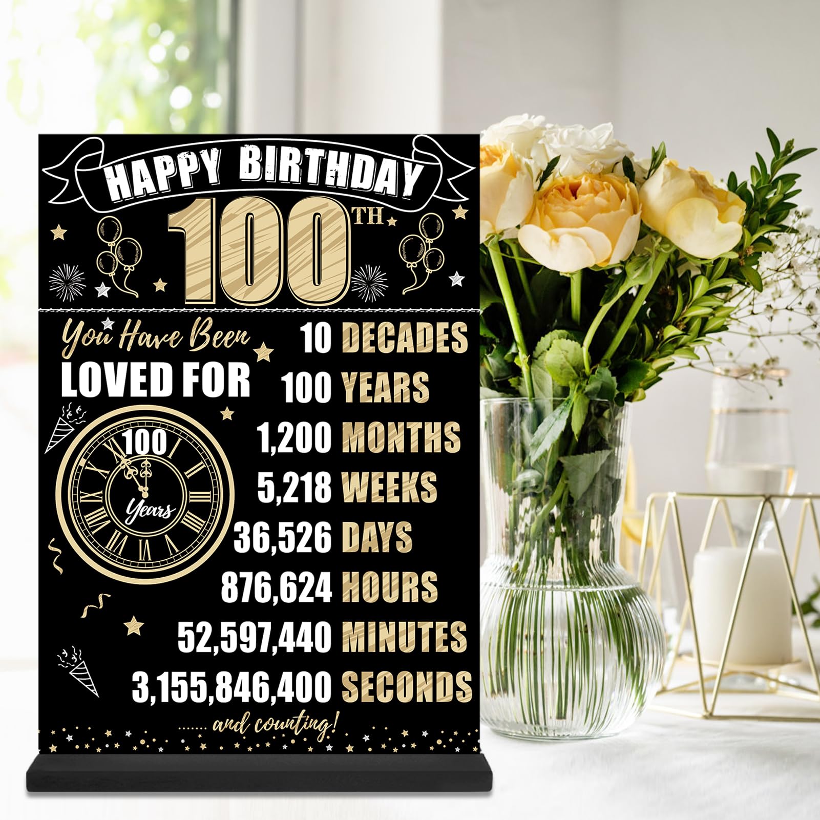 Eiurteao 100Th Birthday Decorations Back In 1924 Table Sign For Men Women, Black Gold Happy 100 Bday Two-Sided Wooden Table Post