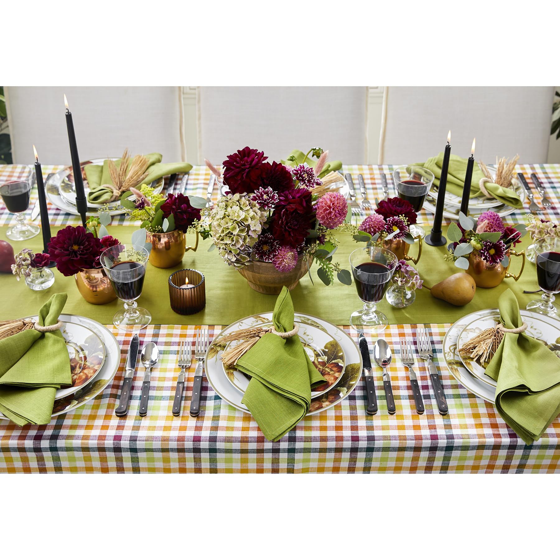 Solino Home Check Linen Tablecloth 120'' L X 60'' W Inch - 100% Pure Linen Multicolor Table Cloth For Rectangle Tables - Gingham