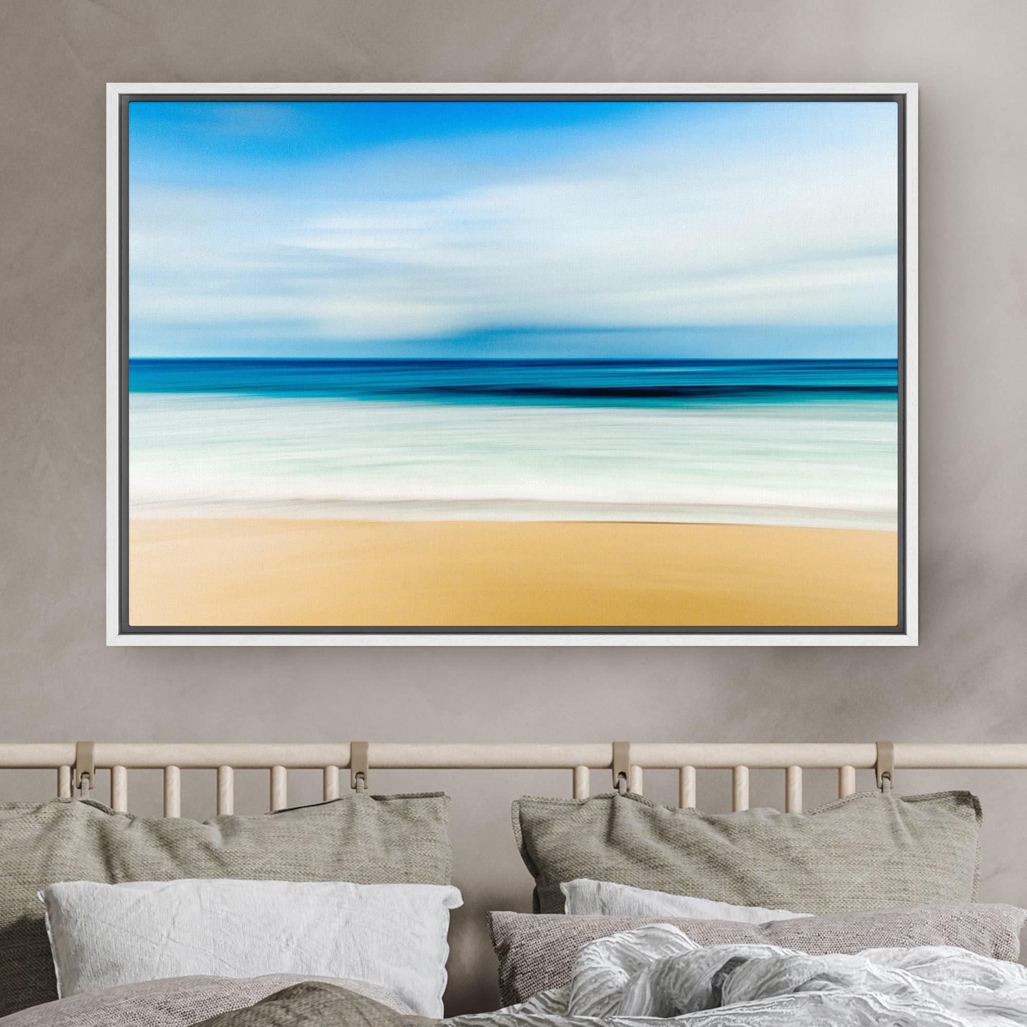 Signwin Framed Canvas Wall Art Blue Sky With Sea Reflection By The Sandy Beach Coastal Ocean Oil Painting Abstract Modern Closeu