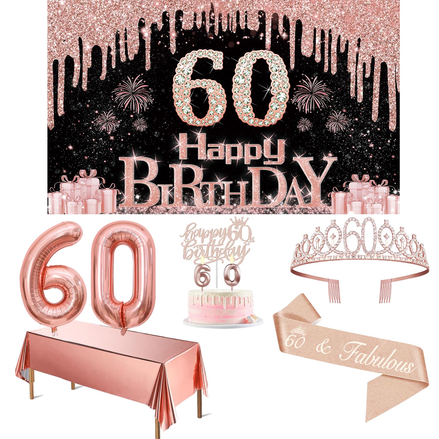 60Th Birthday Decorations For Women With Banner, Rose Gold Tablecloth, Number Balloons, 60Th Birthday Sash And Tiara, Cake Toppe