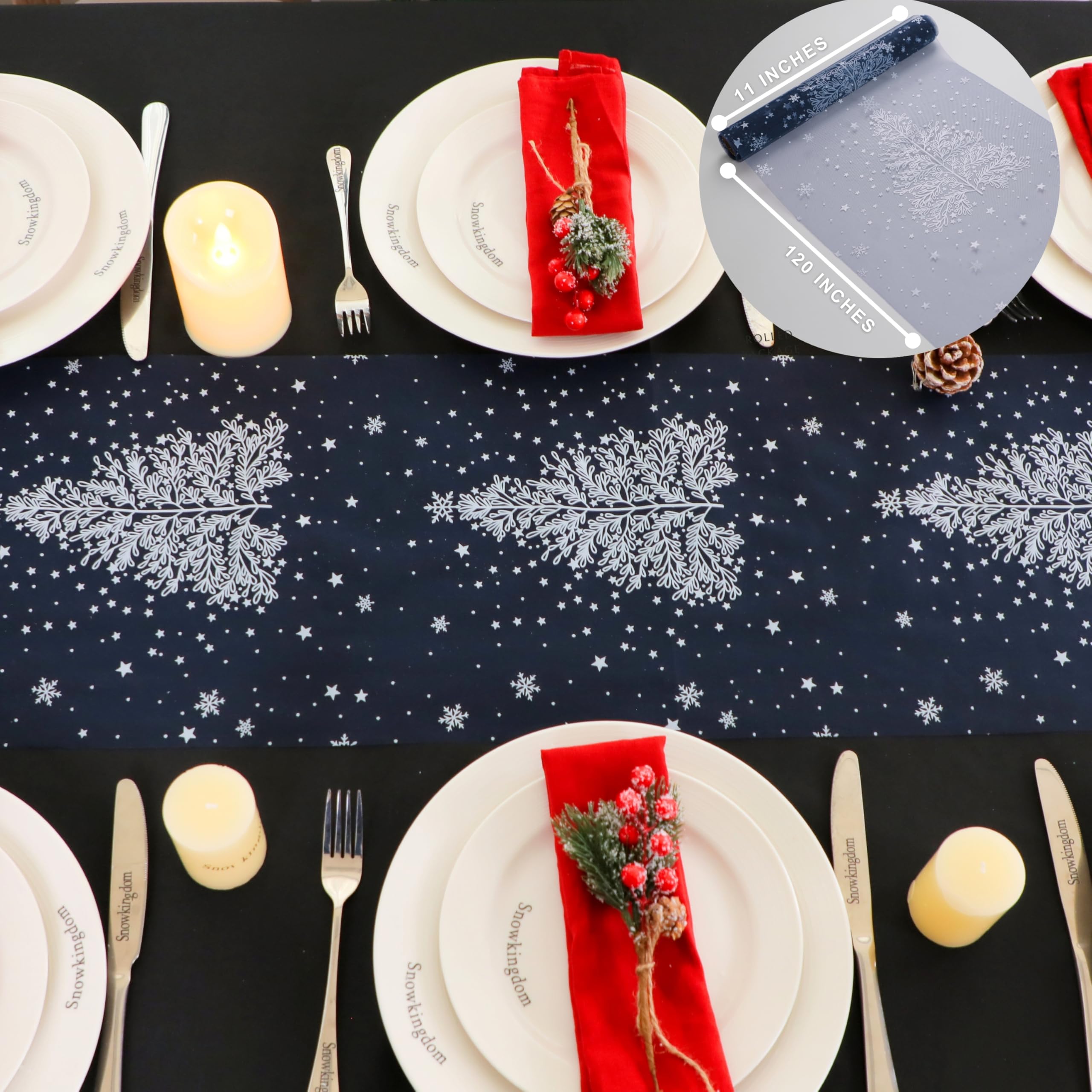 Snowkingdom Blue Christmas Table Runner, White Xmas Tree Snowflakes Table Runners Thin Mesh Lightweight 120 Inches Kitchen Dinin