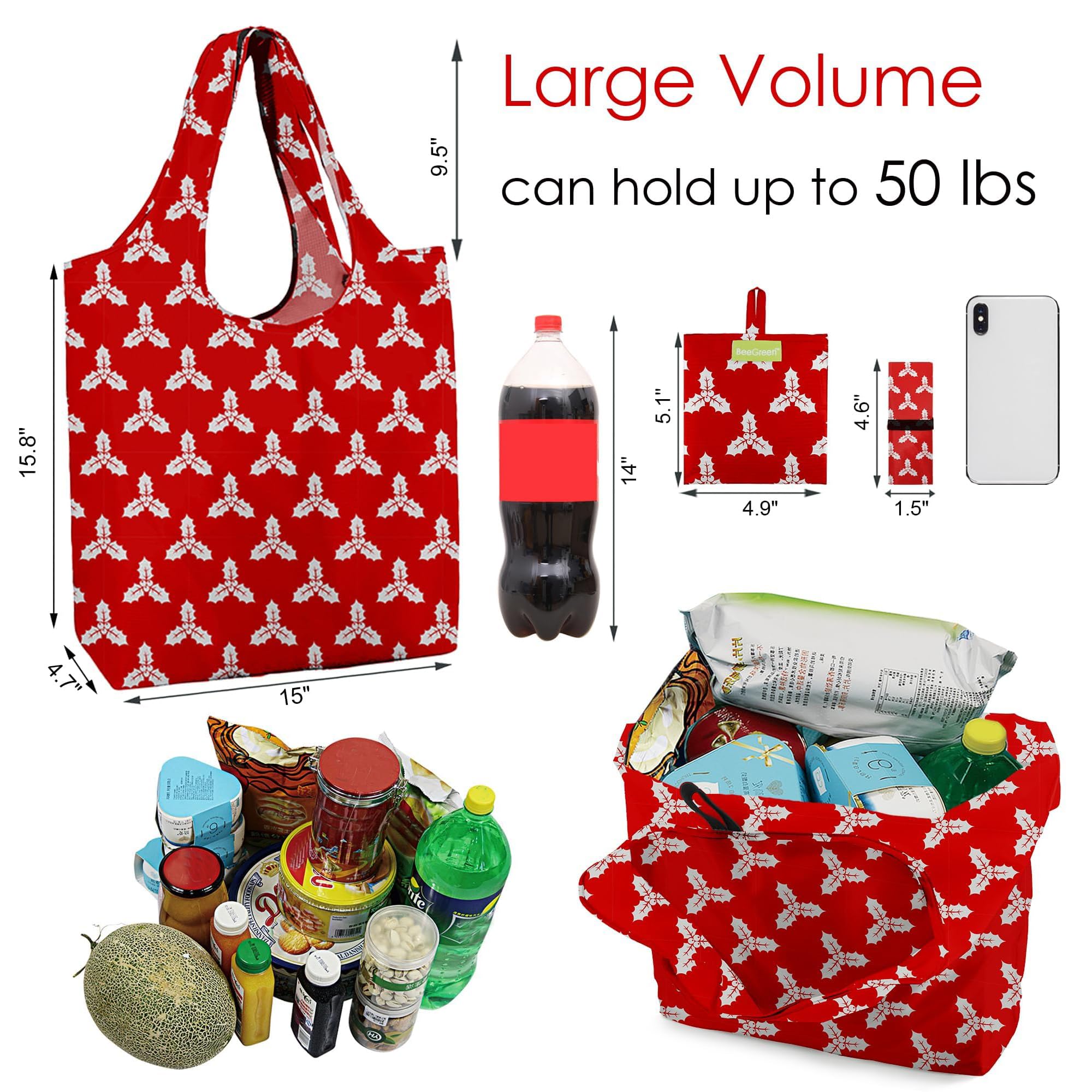 BeeGreen Christmas Red Reusable Grocery Bags 12 Pack with Storage Pouch & Elastic Band Gift Bags Shopping Tote Bags Bulk Ripstop