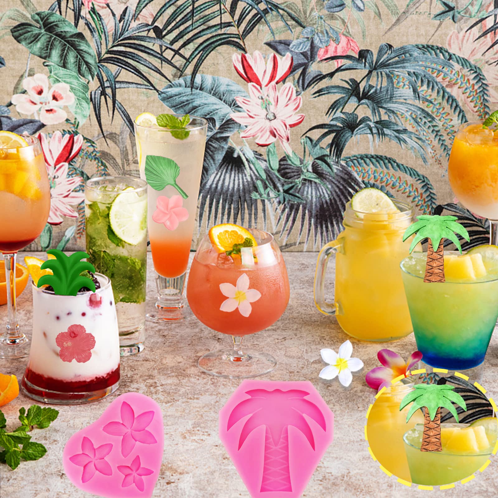 4 Pcs Tropical Flowers Leaves Mold Fan Leaf Fondant Mold Hibiscus Flower Monstera Leafage Palm Leaf Plumeria Flower Silicone Mol