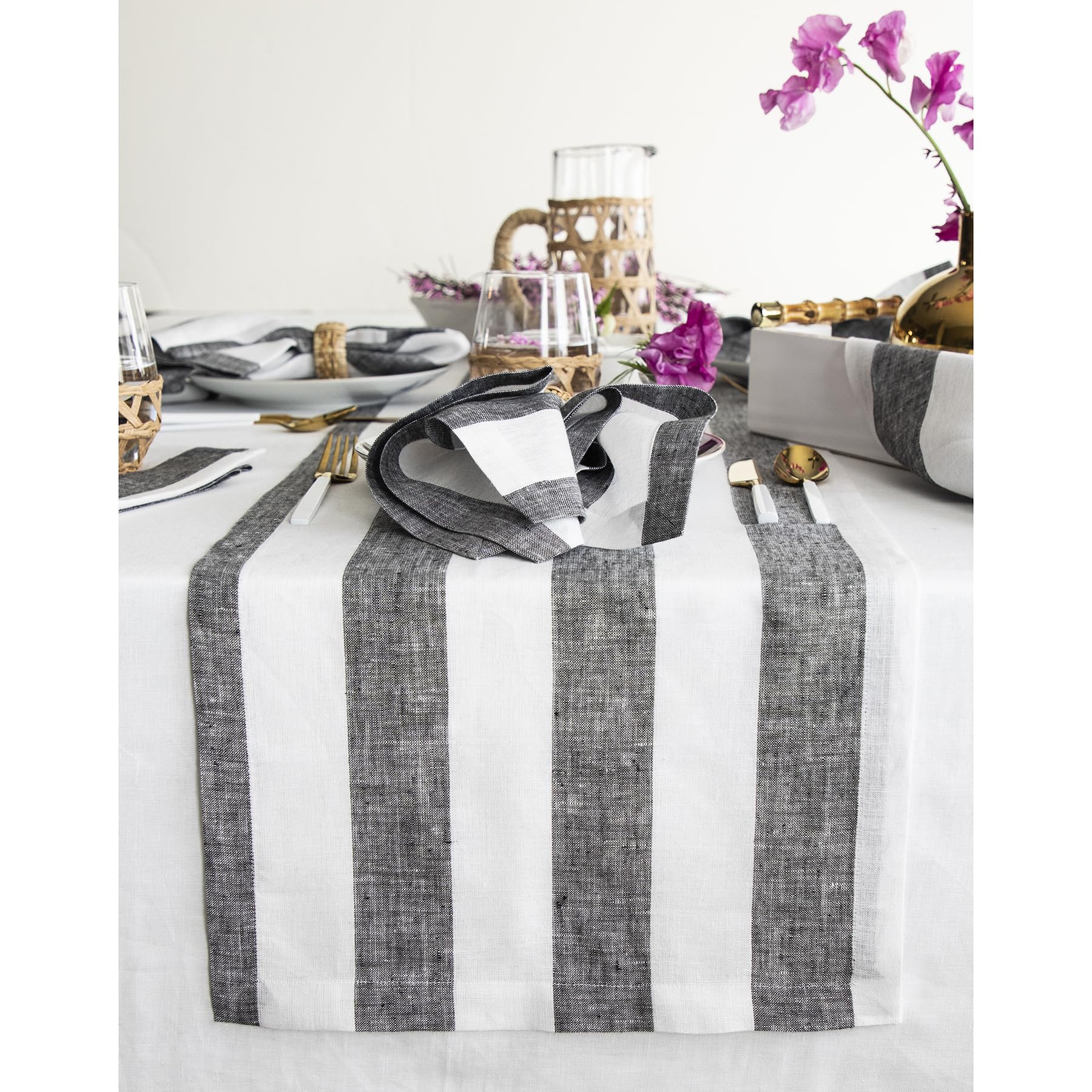 Solino Home Linen Stripe Table Runner 36 Inch - 100% Pure Linen Black And White Table Runner 14 X 36 Inch - Cabana Stripe Farmho