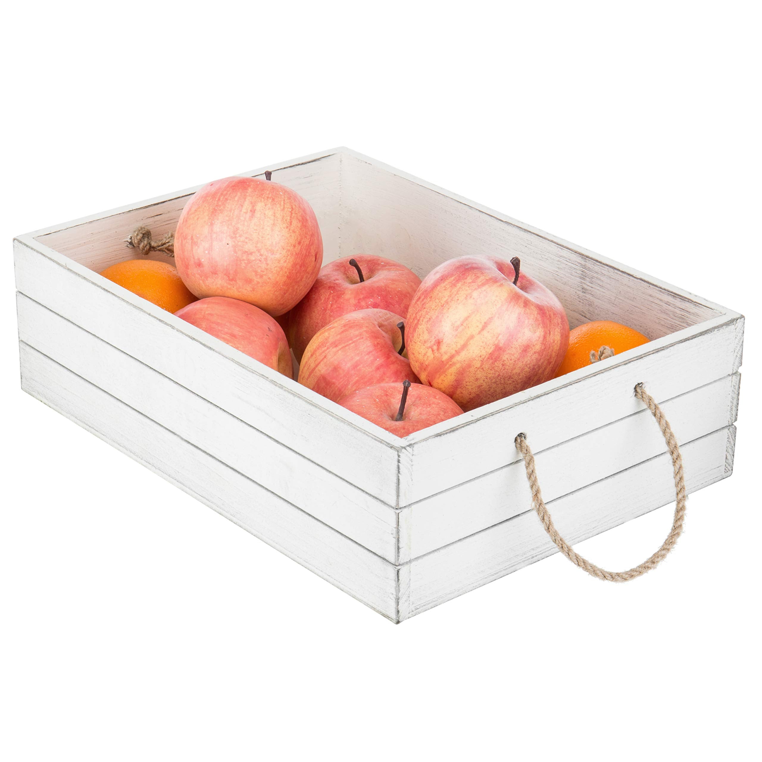 Mygift Vintage White Wood Decorative Storage Organizer Bin With Rope Handles, Open Top Small Crate Box For Bathroom Accessories,