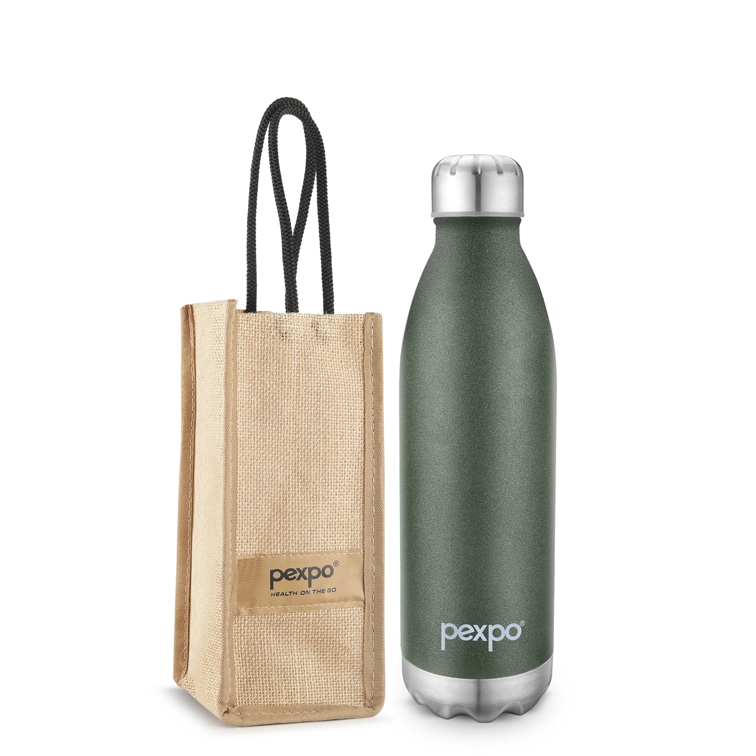 PEXPO Electro Hot & Cold ISI Certified with Jute Bag | Stainless Steel Water Bottle  1500ml Military Green | Thermoflask | Offi
