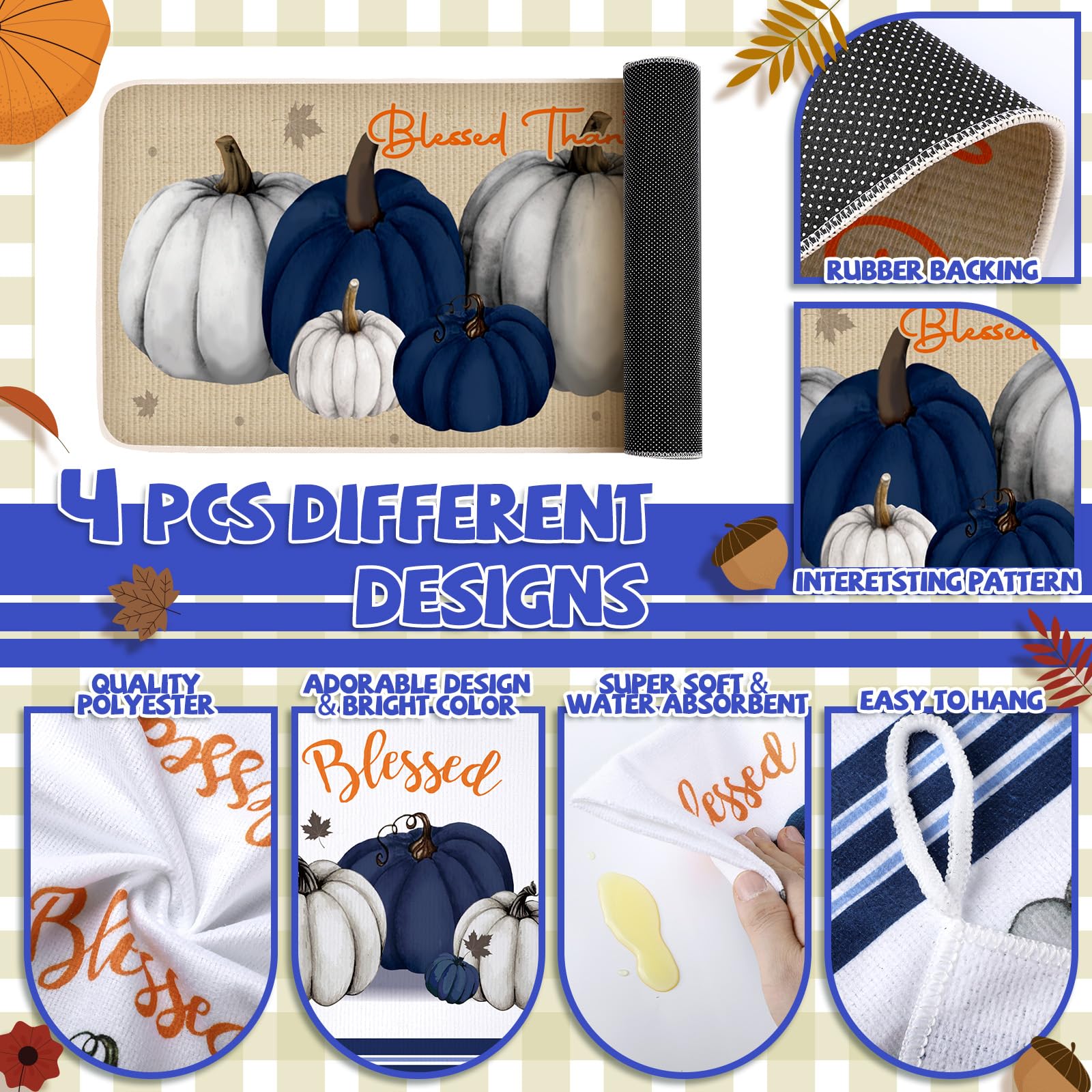 Fanfanwin 10 Pcs Thanksgiving Pumpkin Kitchen Decor Set Kitchen Towels Pot Holders Oven Mitts and Rugs Set Thanksgiving Decor fo