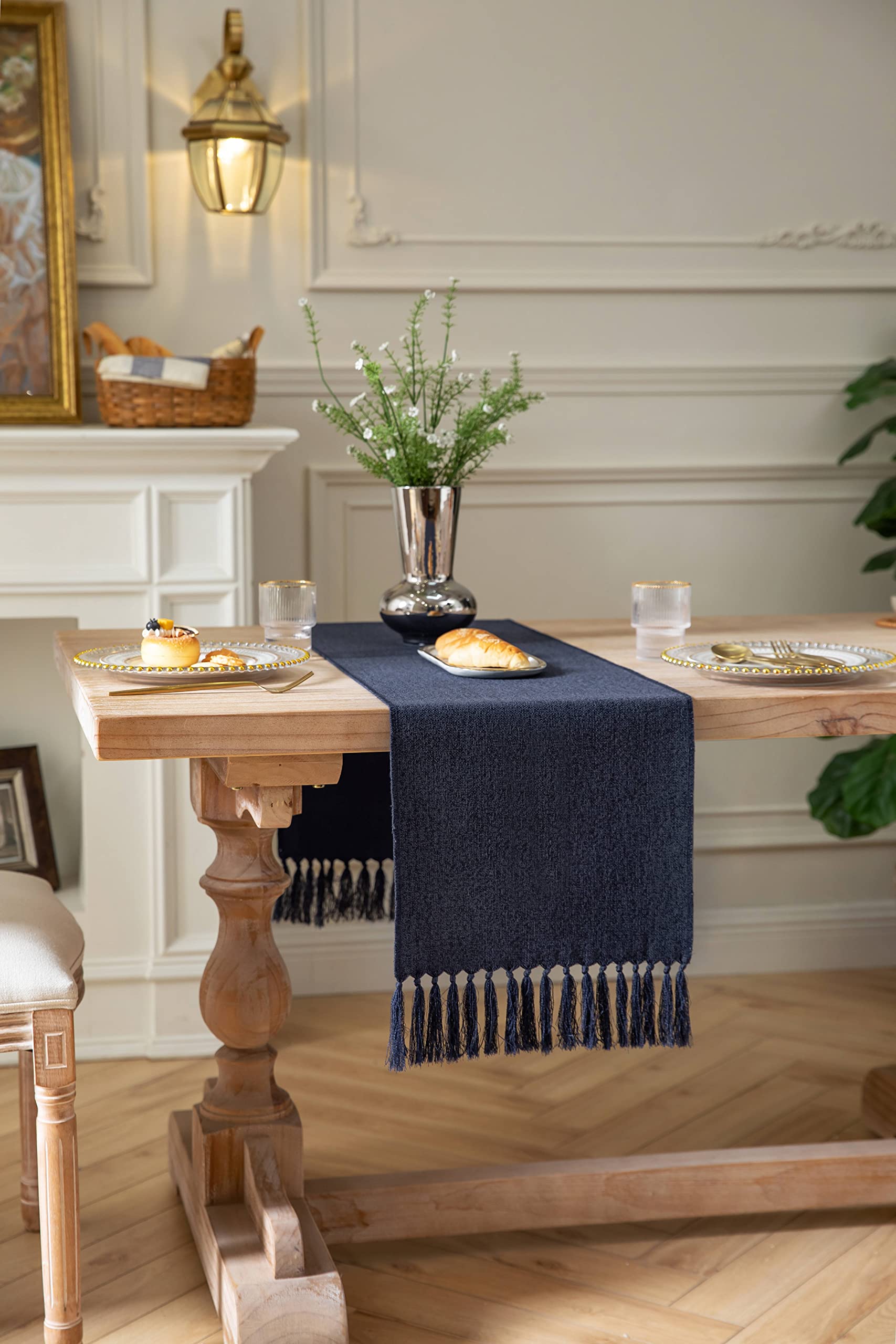 Zeemart Navy Table Runners 90 Inches Long, Burlap Linen Style Rustic Farmhouse Table Runner, Long Boho Dining Table Runner, 13X9