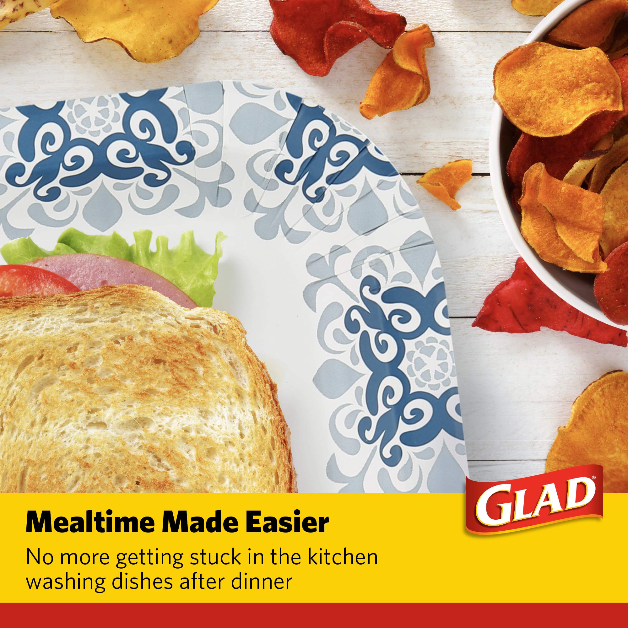 Glad 10 Square Paper Plates | Soak Proof Disposable Paper Plates | 50 Ct White Paper Plates With Blue Victorian Design, Strong