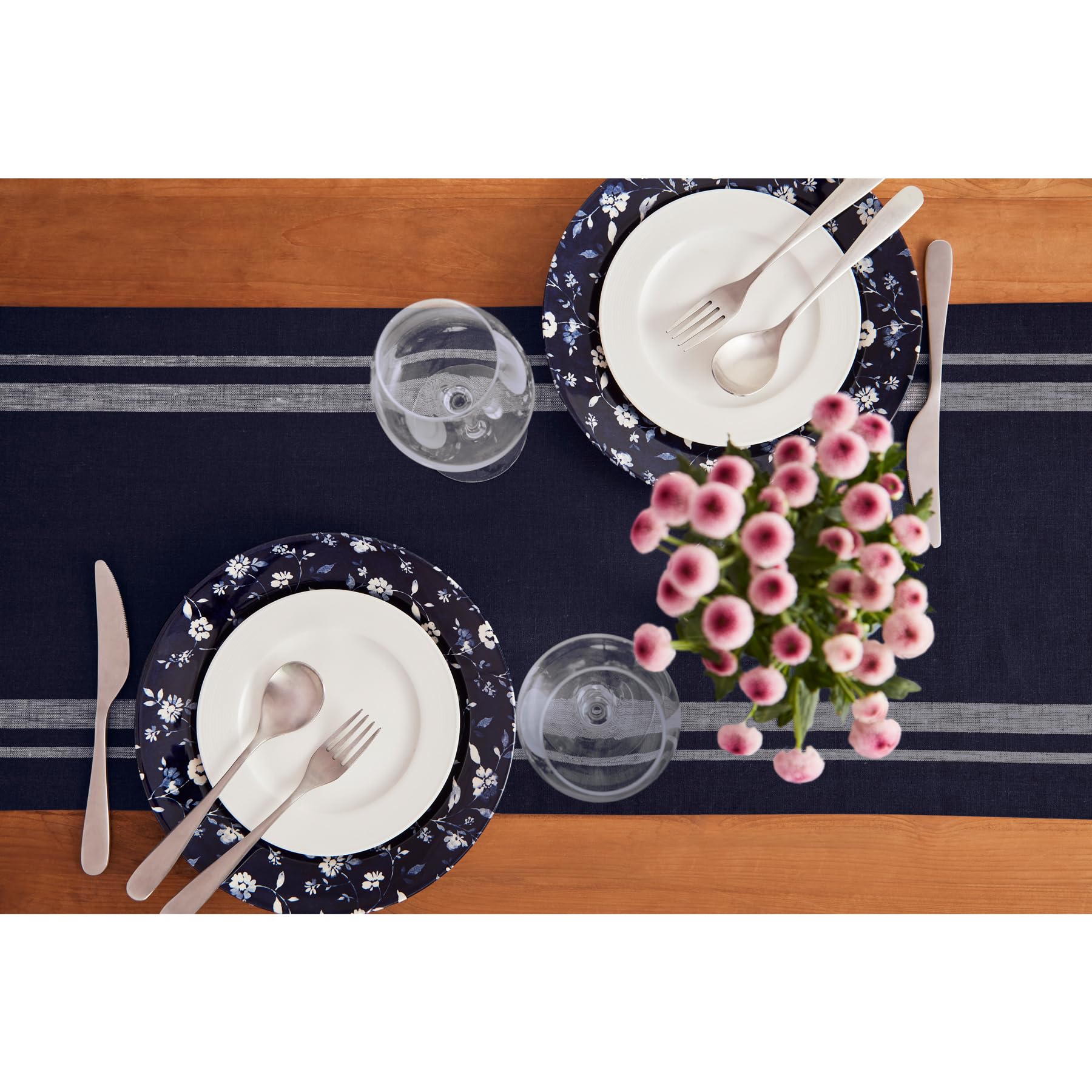 Solino Home French Stripe Linen Table Runner 108 Inches Long - 100% Pure Linen 14 X 108 Inch Extra Long Table Runner, White And