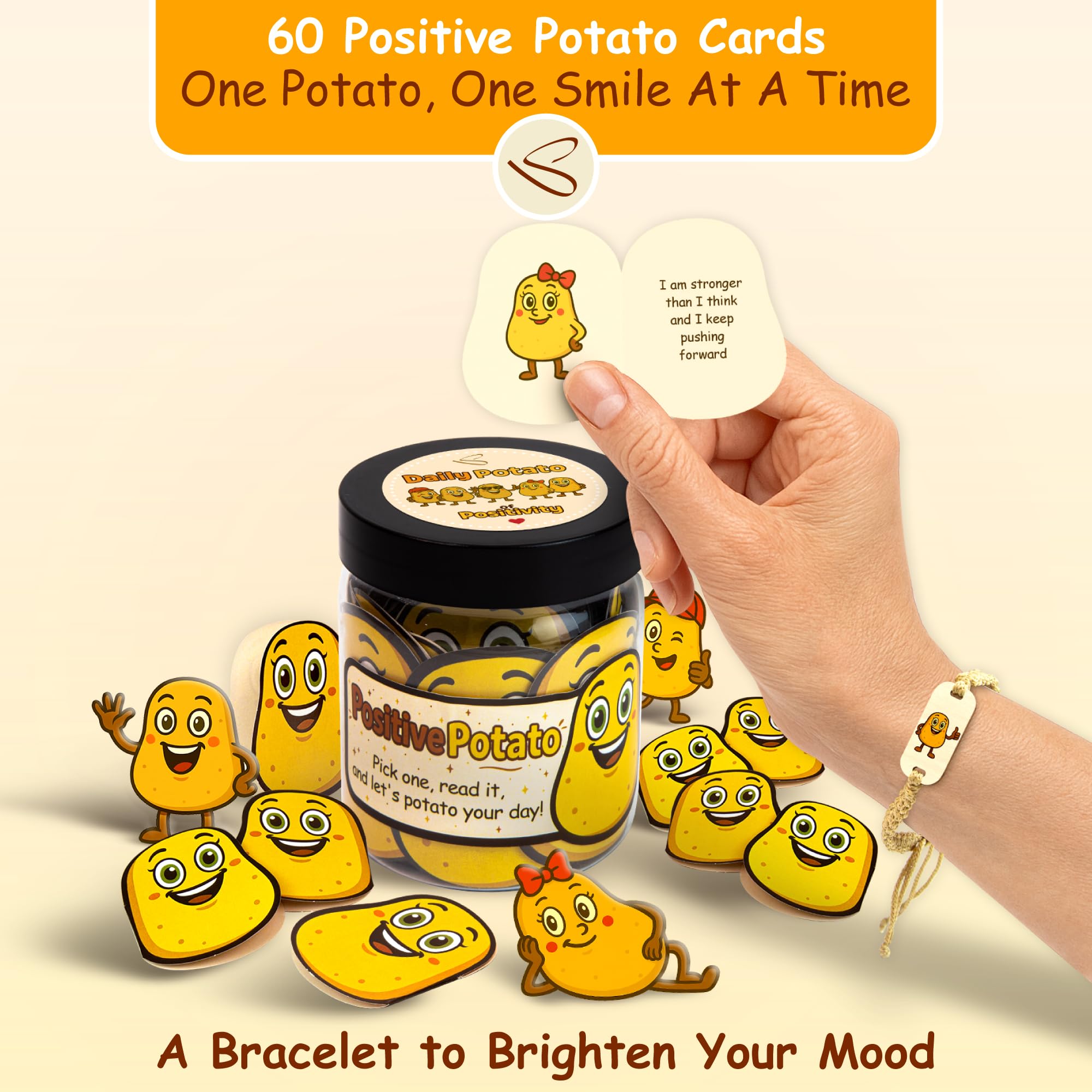 Stofinity Cute Positive Potato Affirmations Jar - 60 Positive Affirmations Cards For Men, Emotional Support Potato Gift, Funny I