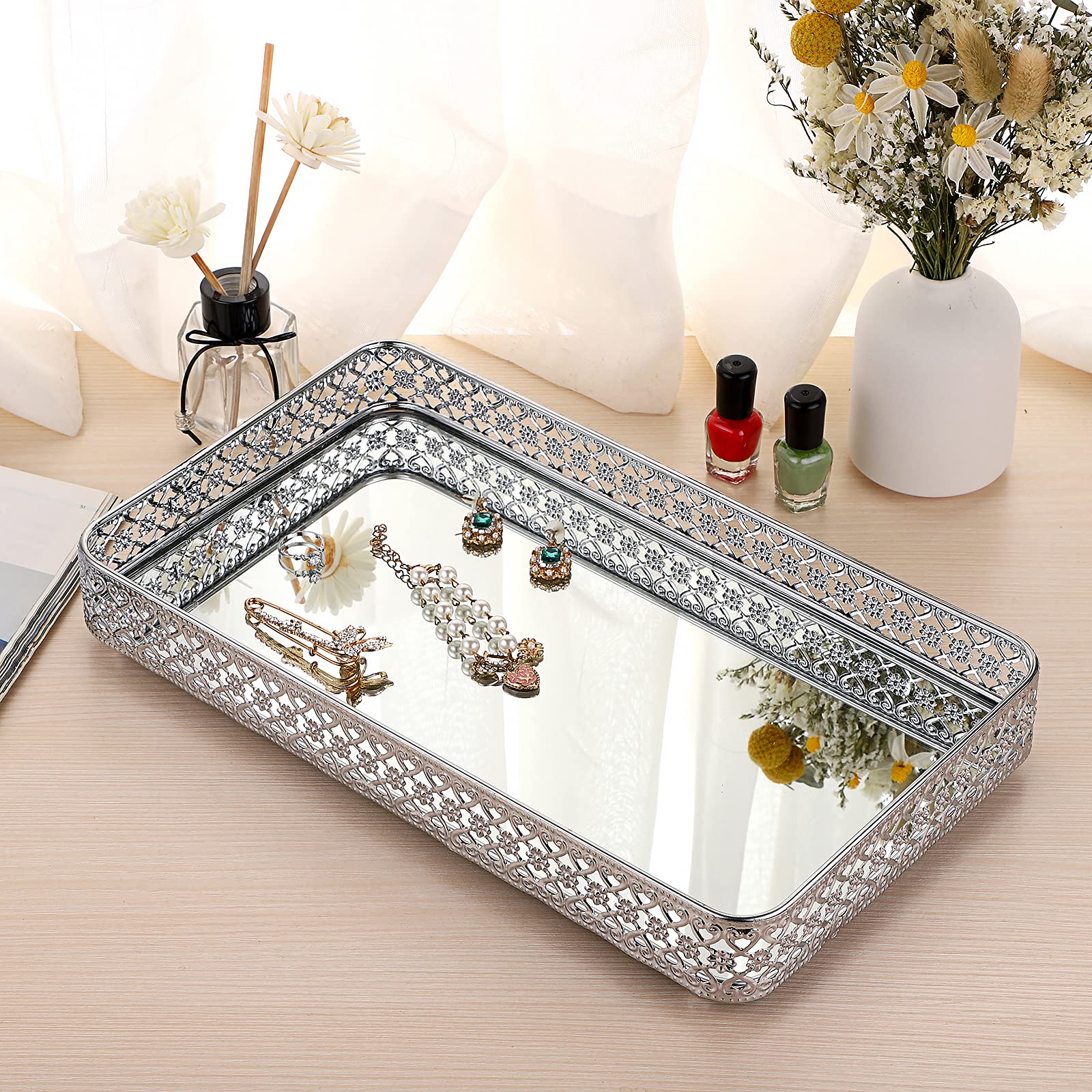 Elldoo Perfume Tray Mirror Tray Silver Vanity Makeup Hollow-Carved Jewelry Tray Glass Metal Trinket Storage Tray Home Decor Orga