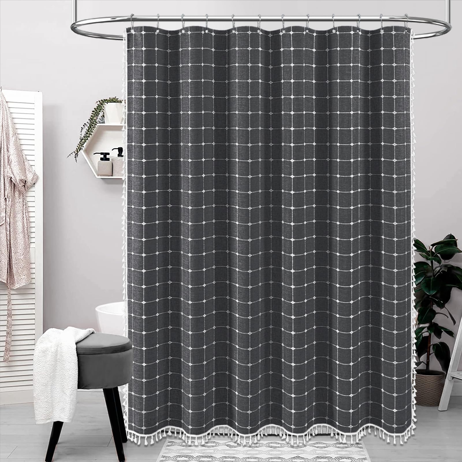 Bttn Charcoal Grey Boho Shower Curtain - Linen Rustic Heavy Duty Fabric Shower Curtain Set With Tassel, Farmhouse Bohemian Vinta