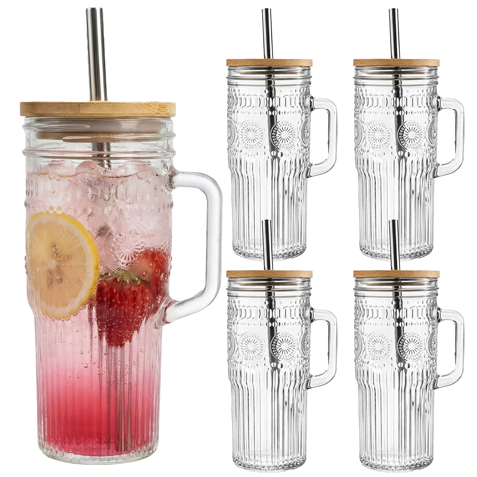 JEORGU 24oz Glass Cups with Lids and Straws, Glass Tumbler with Handle, 4 Pack Boho Pattern Iced Coffee Cups for Smoothies, Tea,