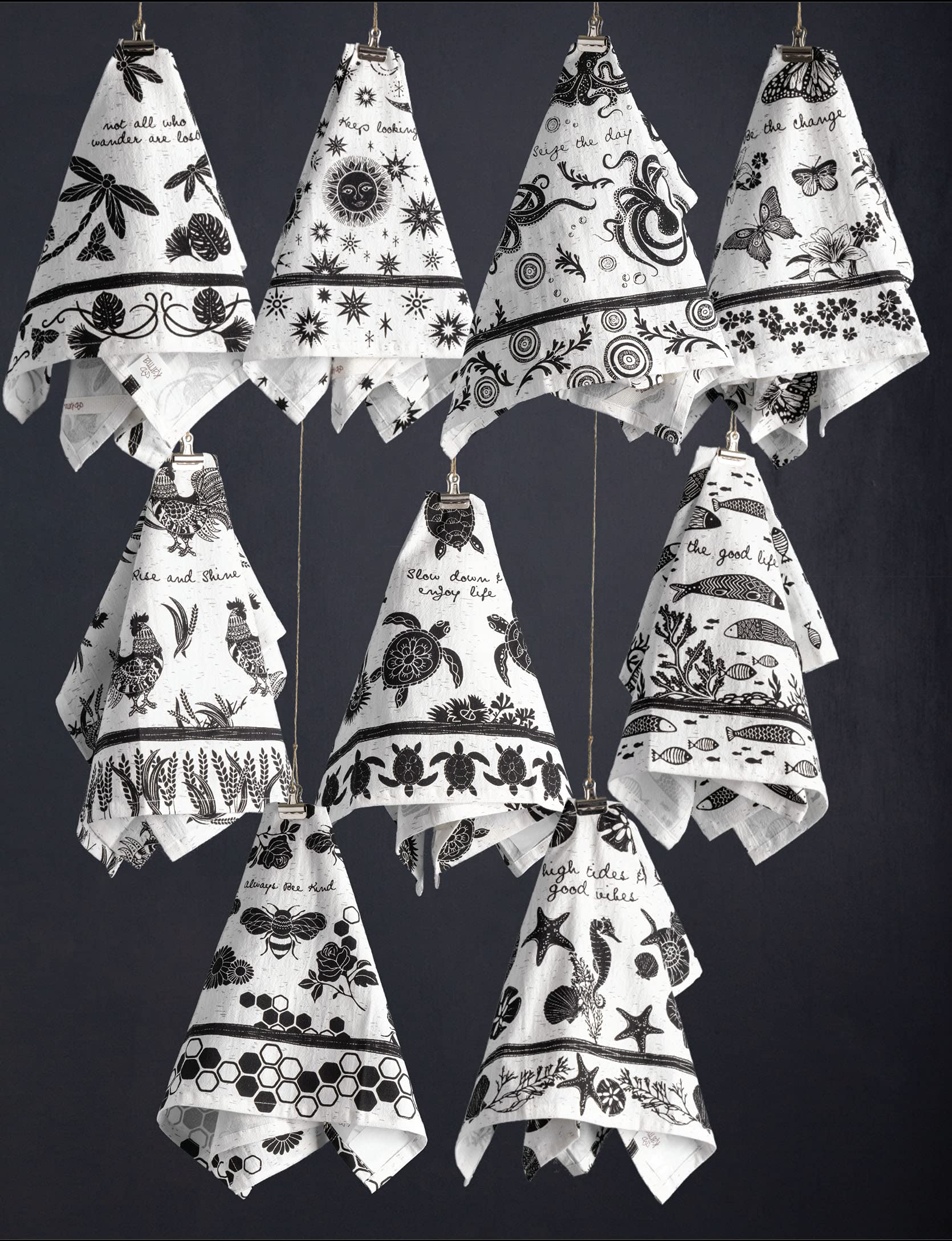 Karma Gifts Black And White Boho Tea Towels, 28'' L X 20'' W, Beetle