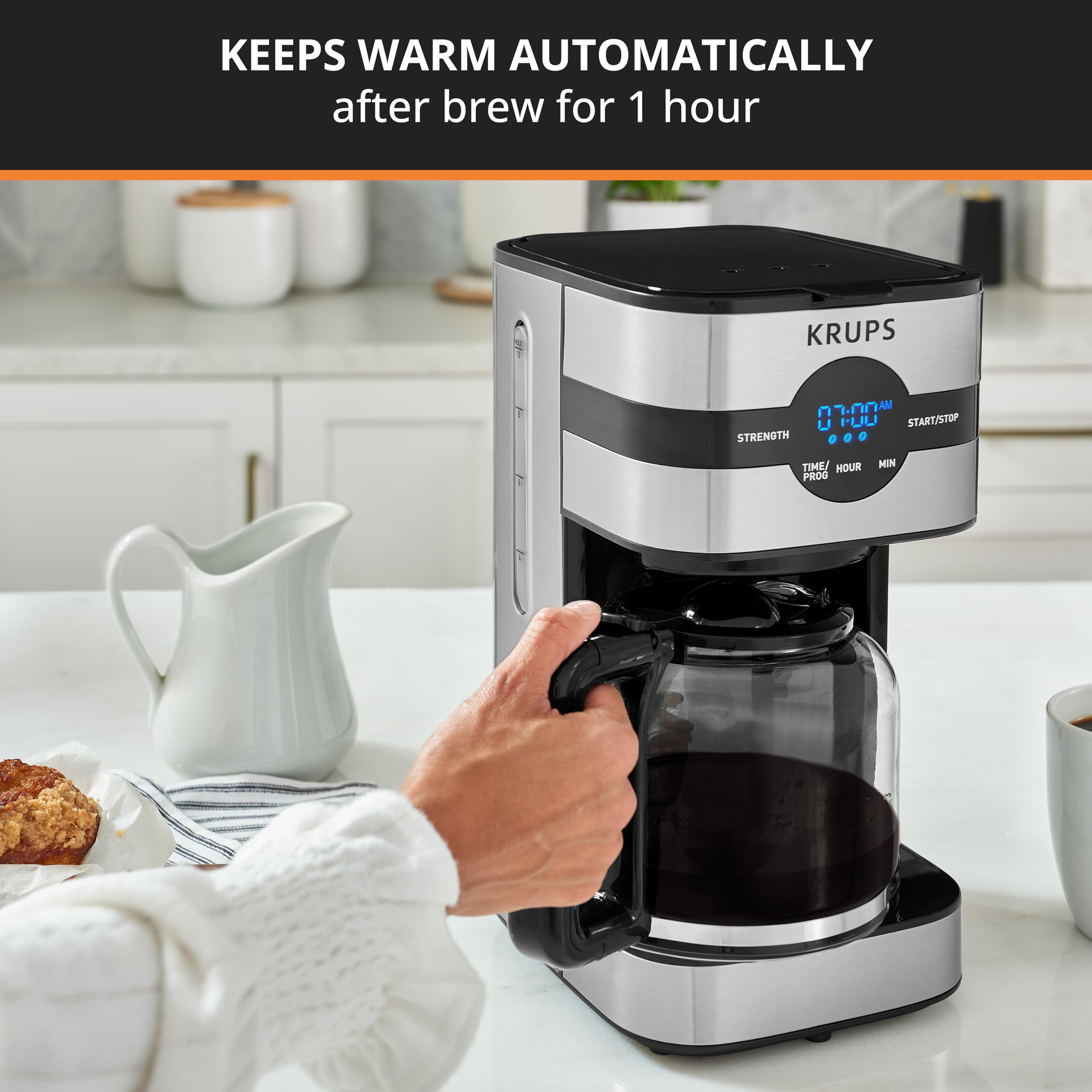 KRUPS 10-Cup Digital Coffee Maker, Stainless Steel & Black, Model 10942227700, Drip Free, Dishwasher Safe Pot, 900 Watts