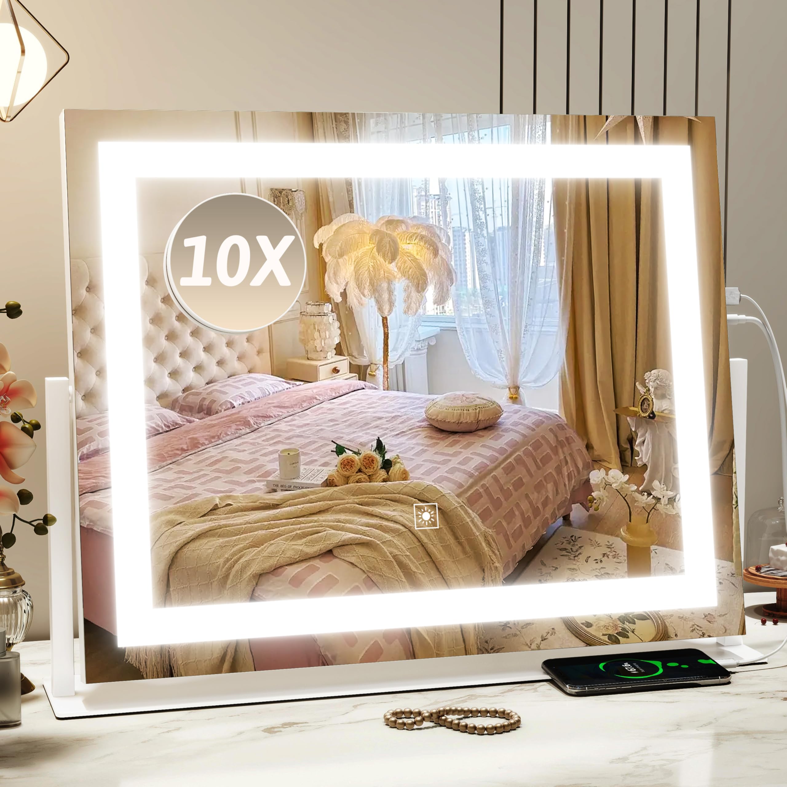 Rolove Vanity Mirror With Lights 22''X18'', Lighted Makeup Mirror With 10X Magnification, Smart Touch 3 Colors Dimmable, 360 Rot