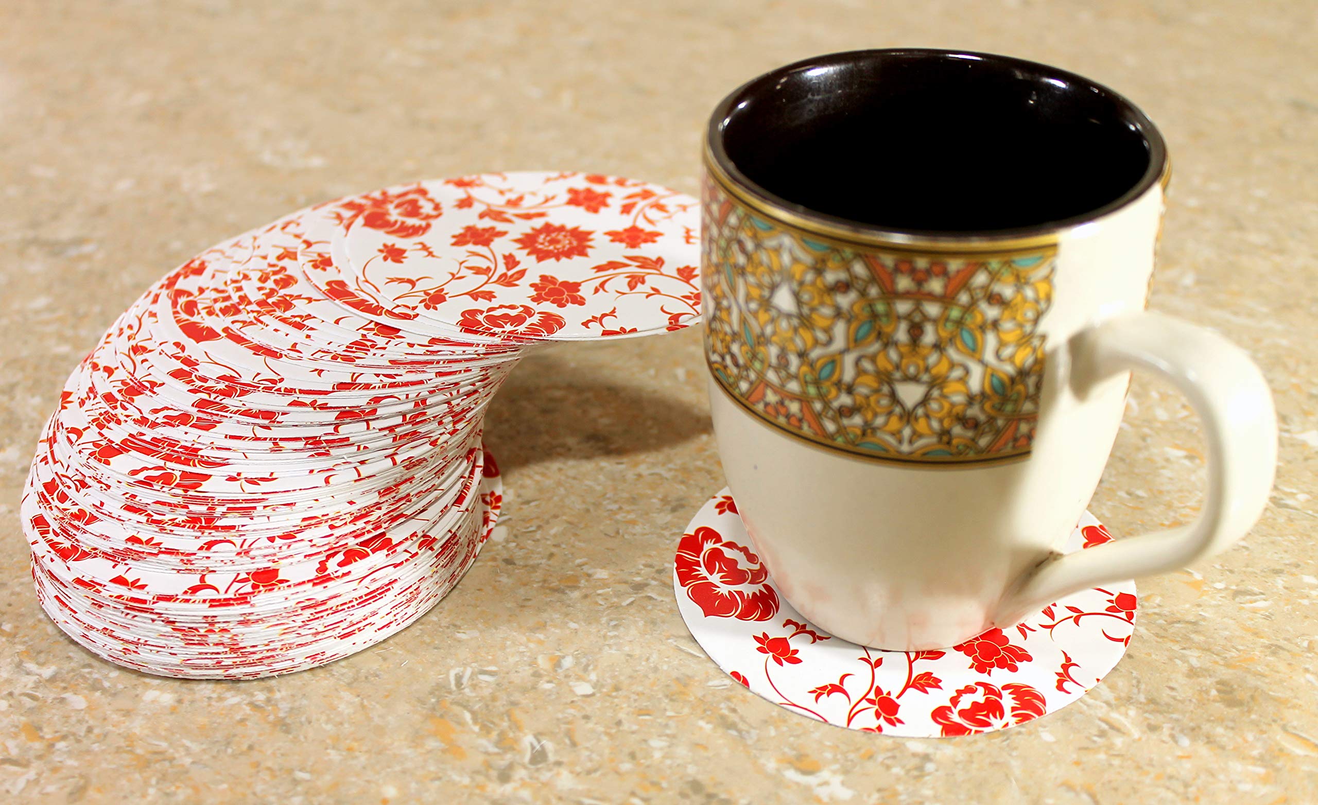 Esplanade Disposable Printed Paper Coasters - Use And Throw Reversible Round Paper Coasters - Set Of 100 - Red Floral