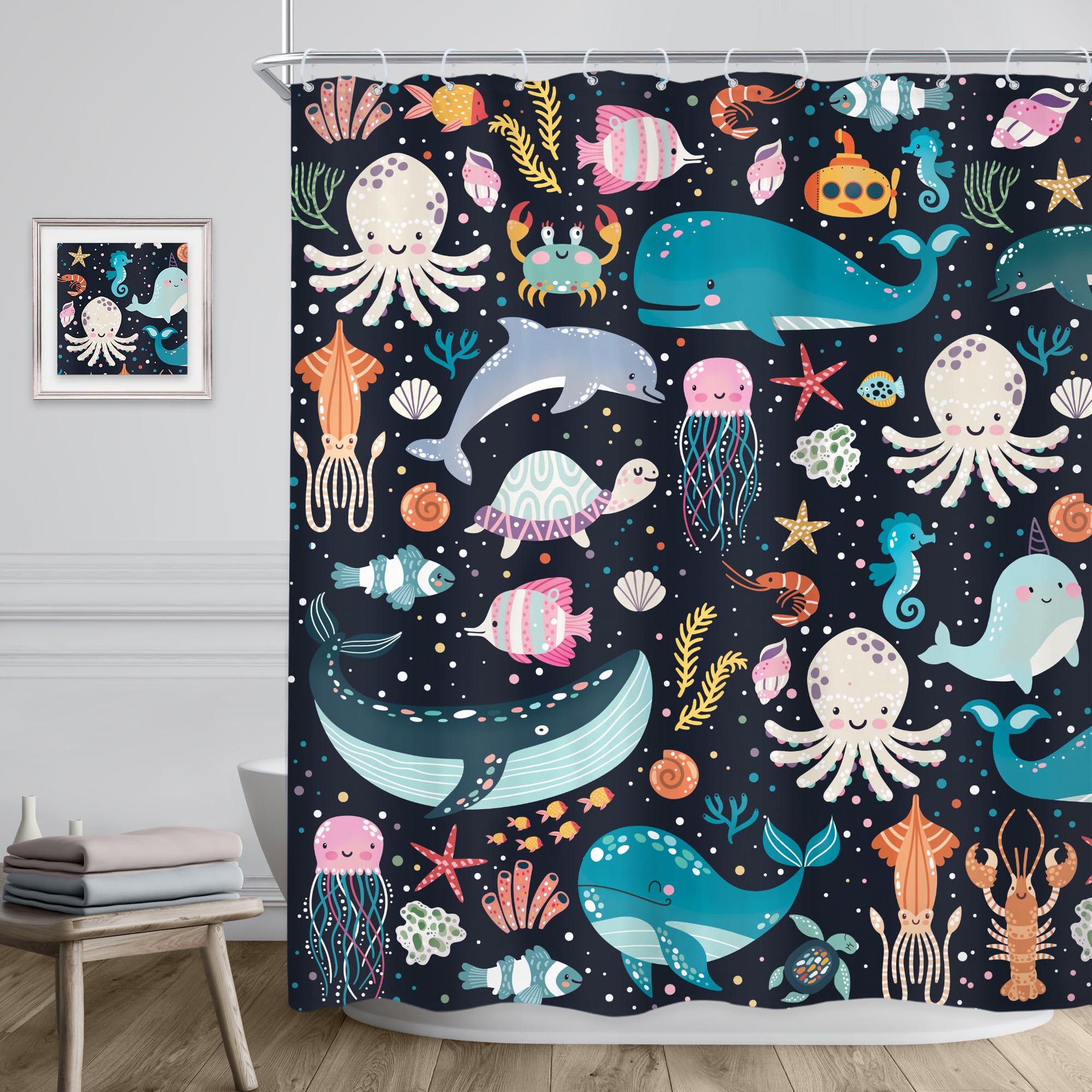 Riyidecor Kids Ocean Animal Shower Curtain 60Wx72H Inch Underwater Cartoon Whale Dolphin Octopus Jellyfish Turtle Beach Sealife