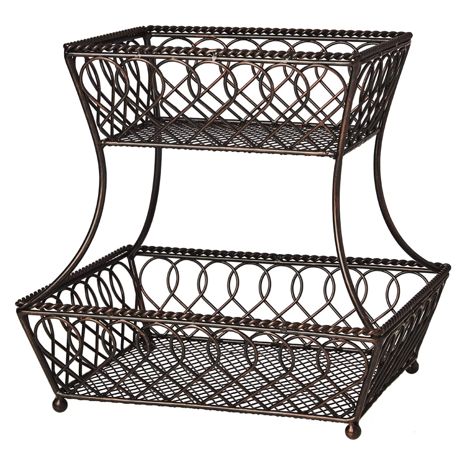 Gourmet Basics By Mikasa 5201553 Loop And Lattice 2-Tier Round Metal Countertop Basket, Antique Black, 14-Inch
