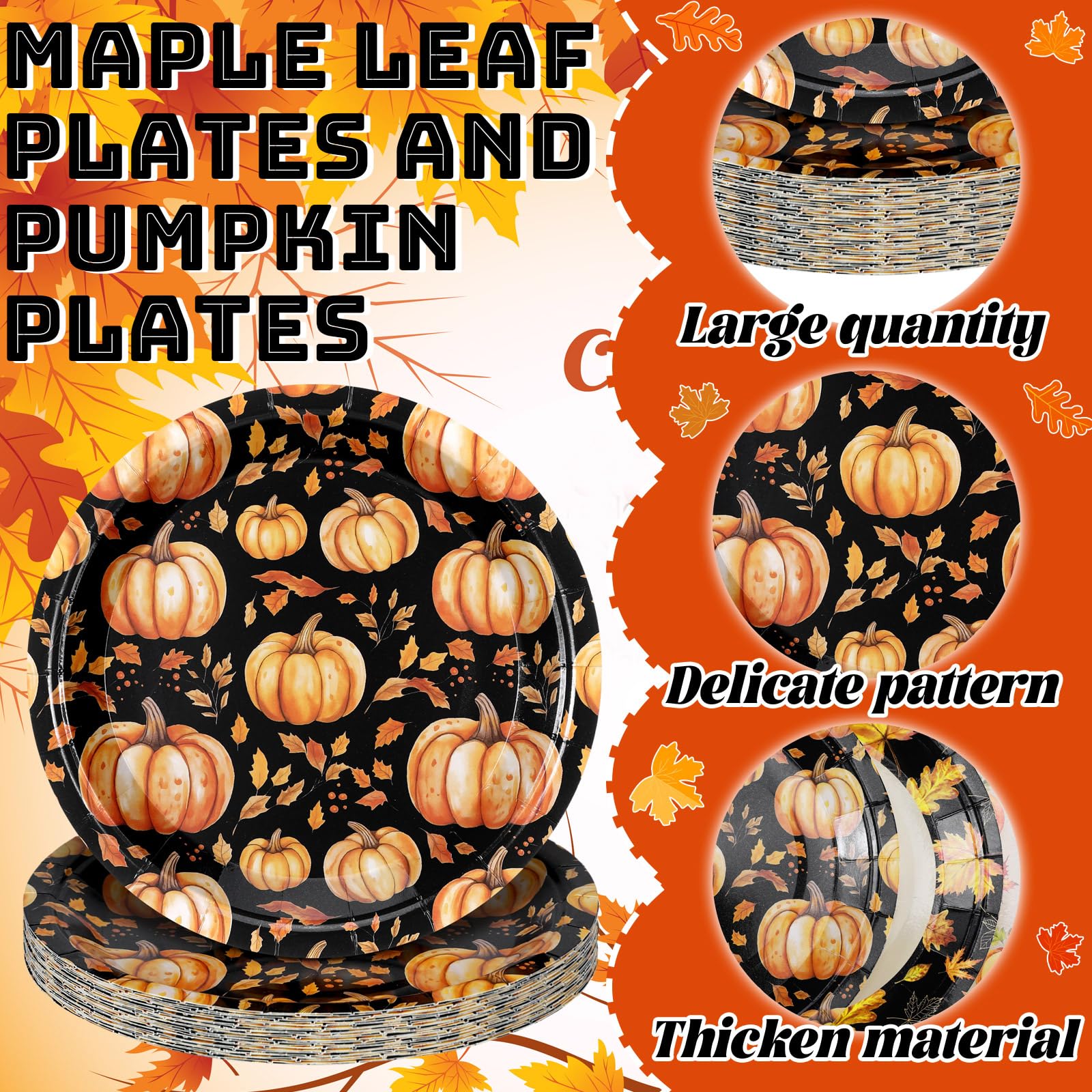 Fourluoo 96 Pcs Thanksgiving Fall Paper Plates Disposable 7 Inch Maple Leaf Pumpkin Style Plates for Autumn Thanksgiving Day Par