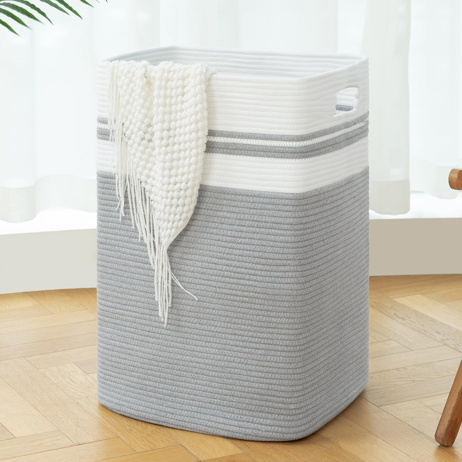 OIAHOMY 91L Laundry Hamper  XXXLarge Laundry Basket  Collapsible Cotton Rope Basket Woven Storage Basket for Blankets Clothes Pillows-16x15x24-Grey