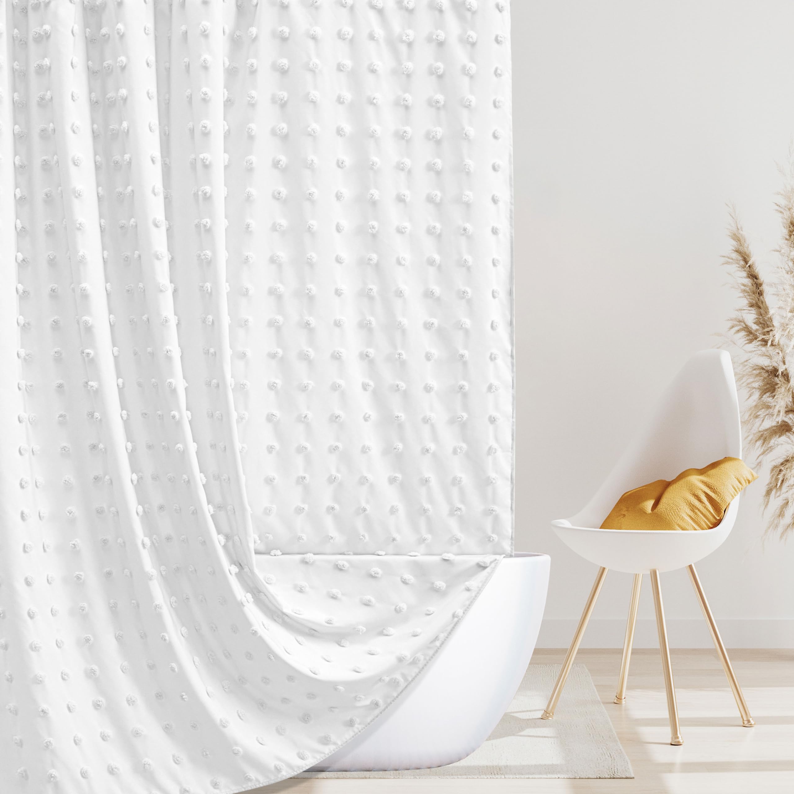 Extra Long Boho Farmhouse Shower Curtain Woven Fabric 84 Inch White Shower Curtain, 72 X 84 Tufted Pleat Floral Puffs Textured M