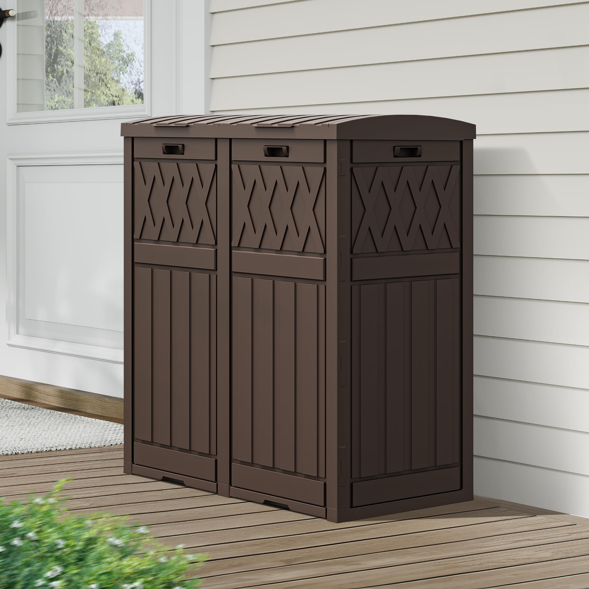 Dwvo 66 Gallon Double-Bin Outdoor Trash Can, Waterproof Resin Garbage Can With Tiered Lid And Drip Tray For Patio, Kitchen, Deck