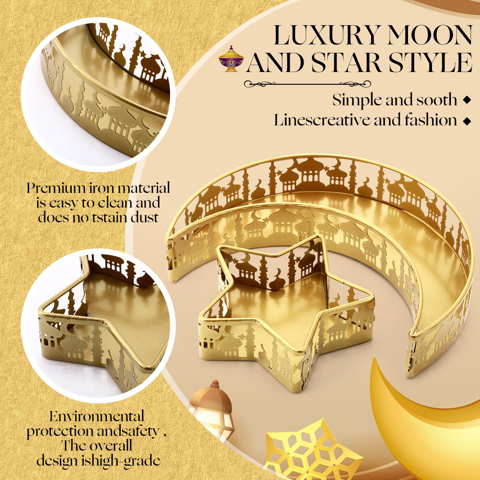 Glikceil 6 Pcs Eid Mubarak Moon And Star Pastry Tray Moon Shape Food Dessert Tray Ramadan Metal Platter For Breakfast Dinner Des