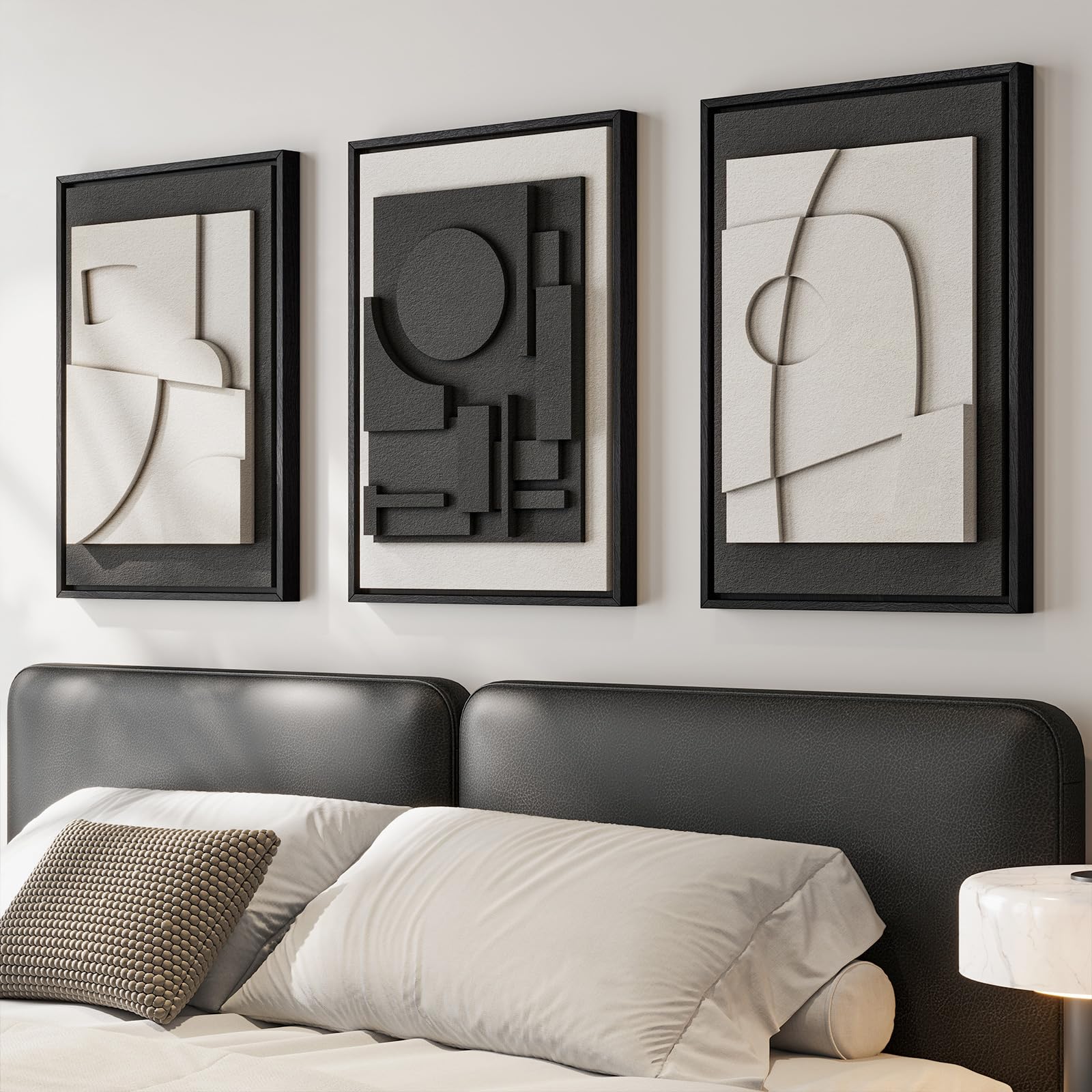 Framed 3D Textured Black And White Abstract Wall Art, 2 Piece Modern Minimalist Paintings Artwork For Walls, Black White Geometr
