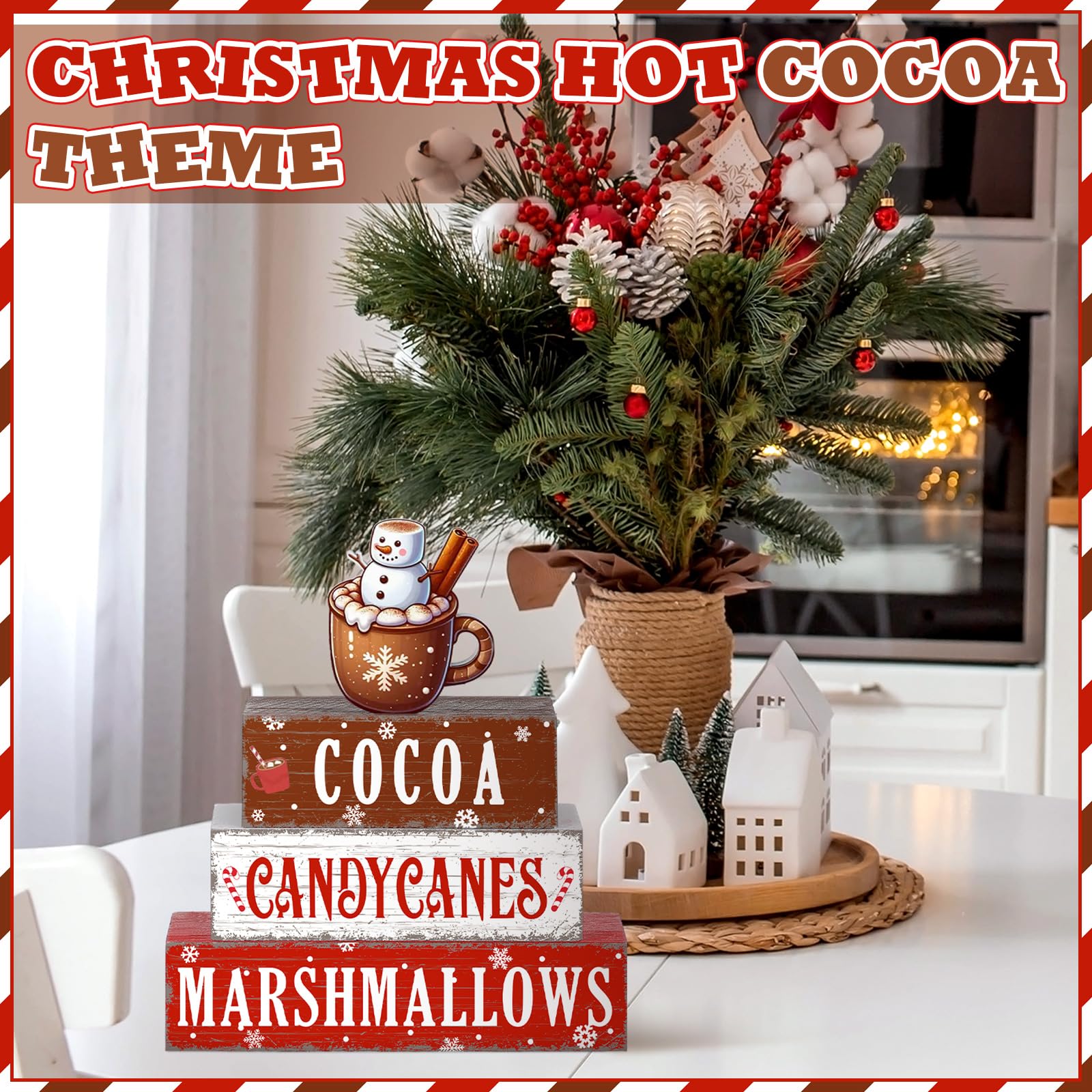 Geelin 4 Pieces Christmas Hot Cocoa Wooden Table Decorations Xmas Hot Cocoa Wooden Signs Rustic Marshmallow Tiered Tray Decor Ta