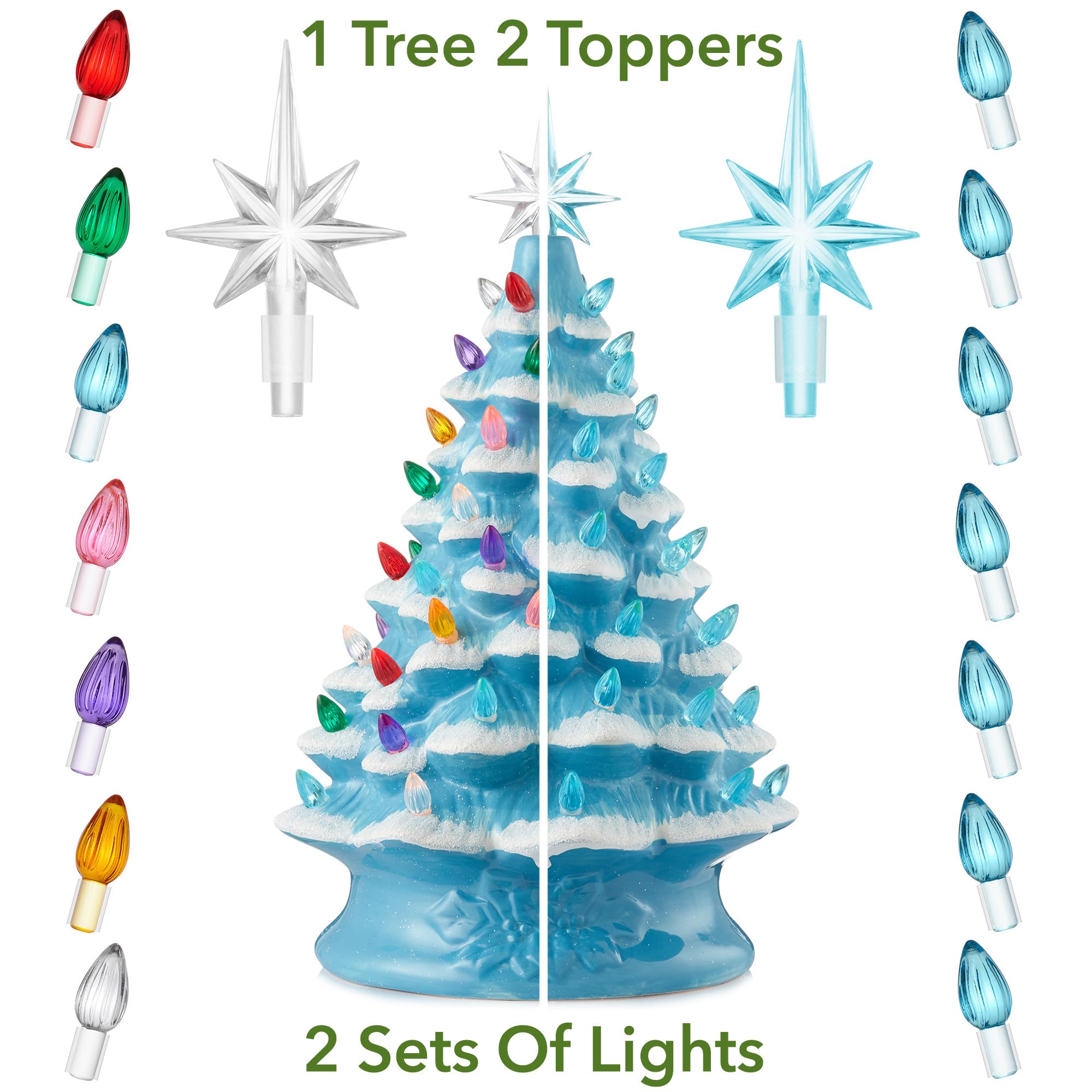 Casafield Hand Painted Ceramic Christmas Tree, Blue Snow Flocked 15-Inch Pre-Lit Tree with 128 Multi Color Lights and 2 Star Top