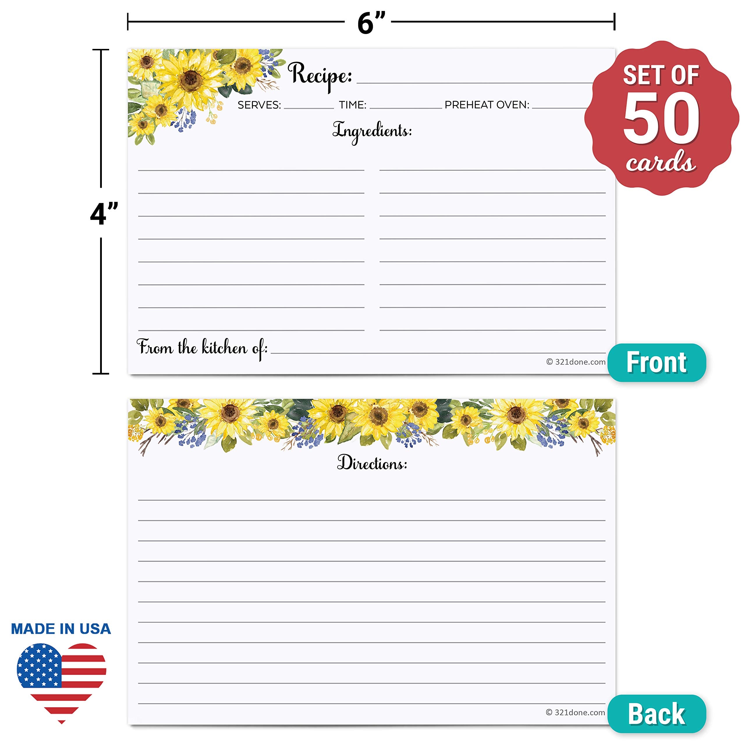 321Done Sunflower Recipe Cards (Set of 50) 4'' x 6'' Large - From the Kitchen Of - Double-Sided for Weddings  Bridal  Baby Shower - Made in USA