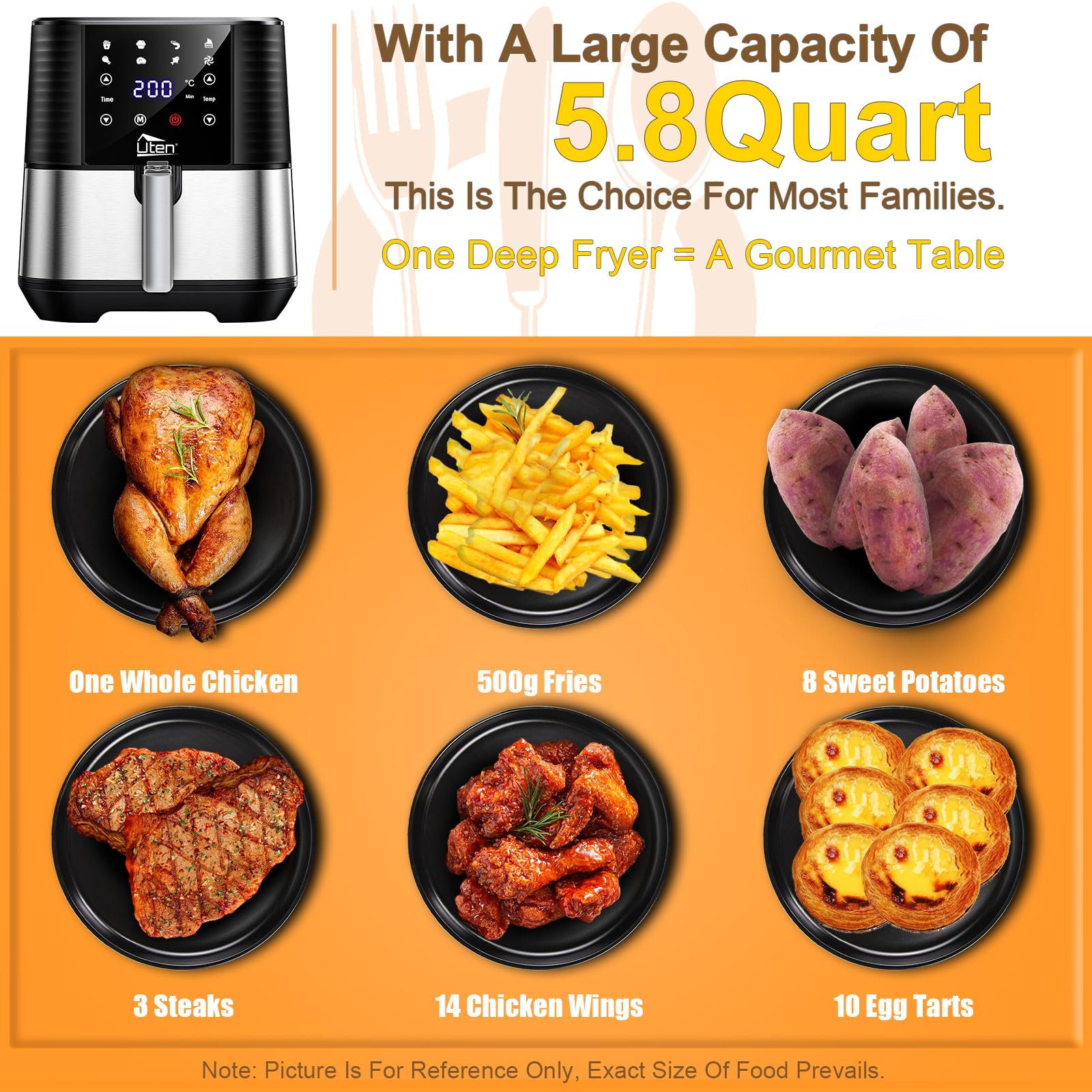 5.5L Air Fryer, Electric Oilless Cooker With Led Digital Touchscreen, 7 In 1 Uten Hot Oven Cooker, 6 Quart Large Stainless Steel