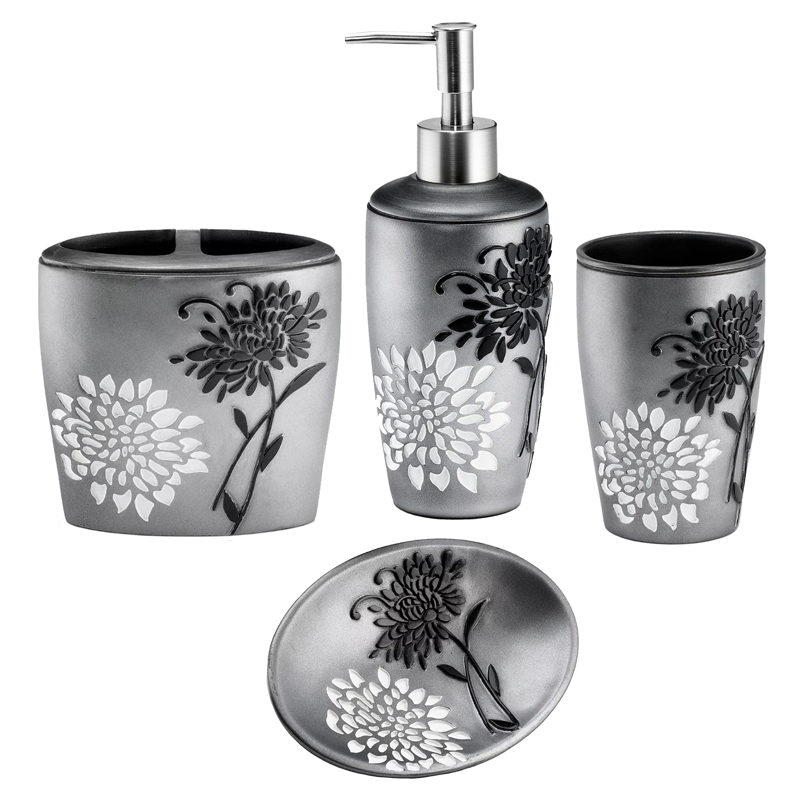 Zahari Home 4pc Erica Bathroom Accessories Sets Modern Classic Soap Dispenser, Tumbler, Tooth Brush Holder and Soap Dish Holder 
