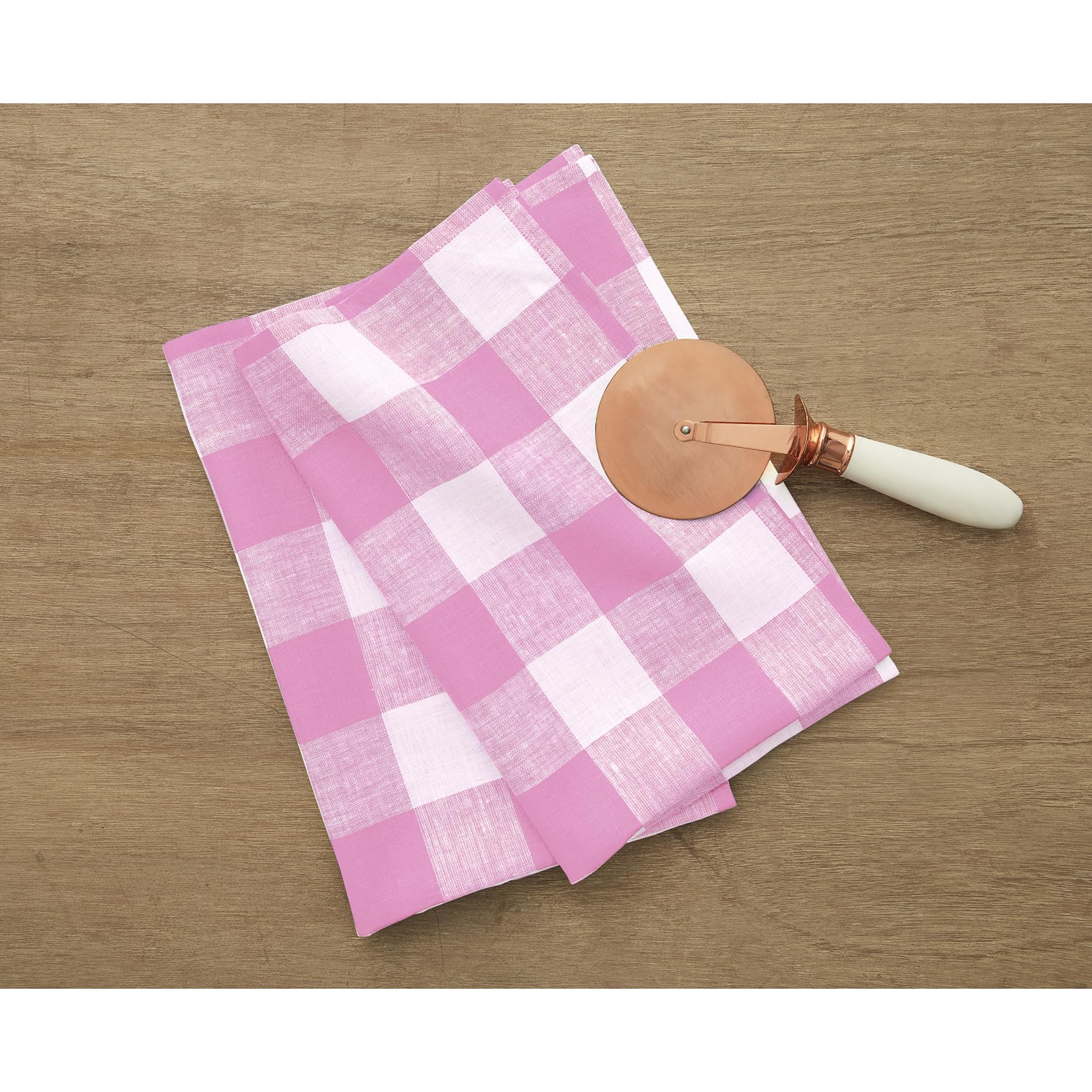 Solino Home Linen Kitchen Towels Set Of 2 - Pink Begonia 17 X 26 Inch - 100% Pure Linen Buffalo Check Kitchen/Tea Towels - Machi