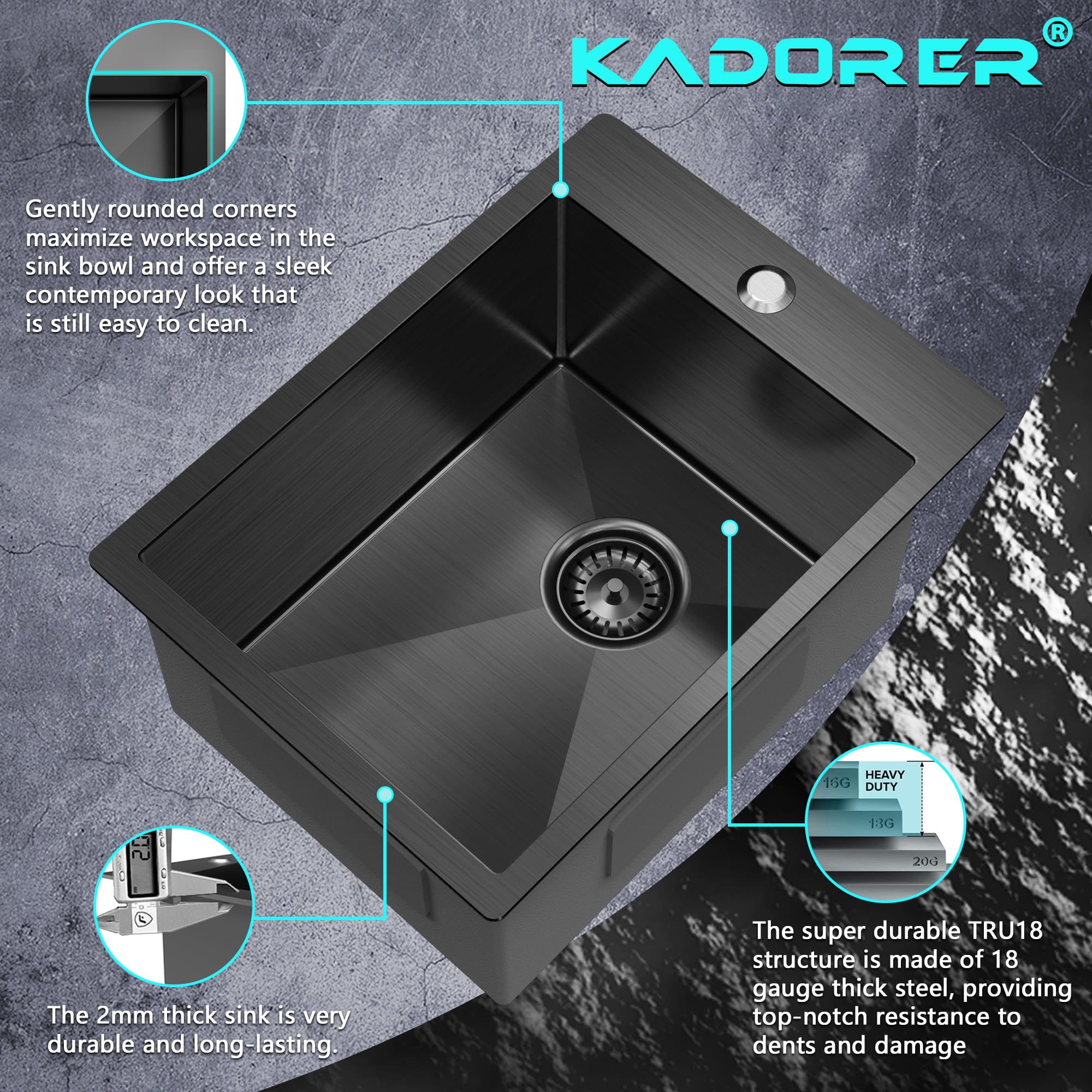 15 X 20 Inch Black Drop In Kitchen Bar Sink, Small Kitchen Sink Single Bowl Topmount Bar Prep Sink 18 Gauge Stainless Steel Bar