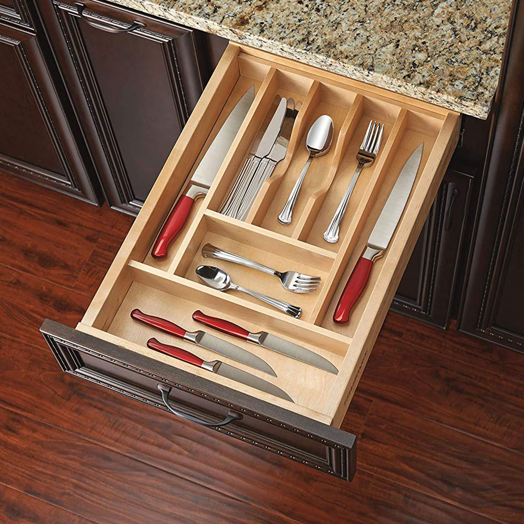 Rev-A-Shelf Trim-To-Fit Silverware Drawer Organizer For Kitchen Utensil Cutlery Cabinet Storage, Natural Maple Wood 7 Compartmen