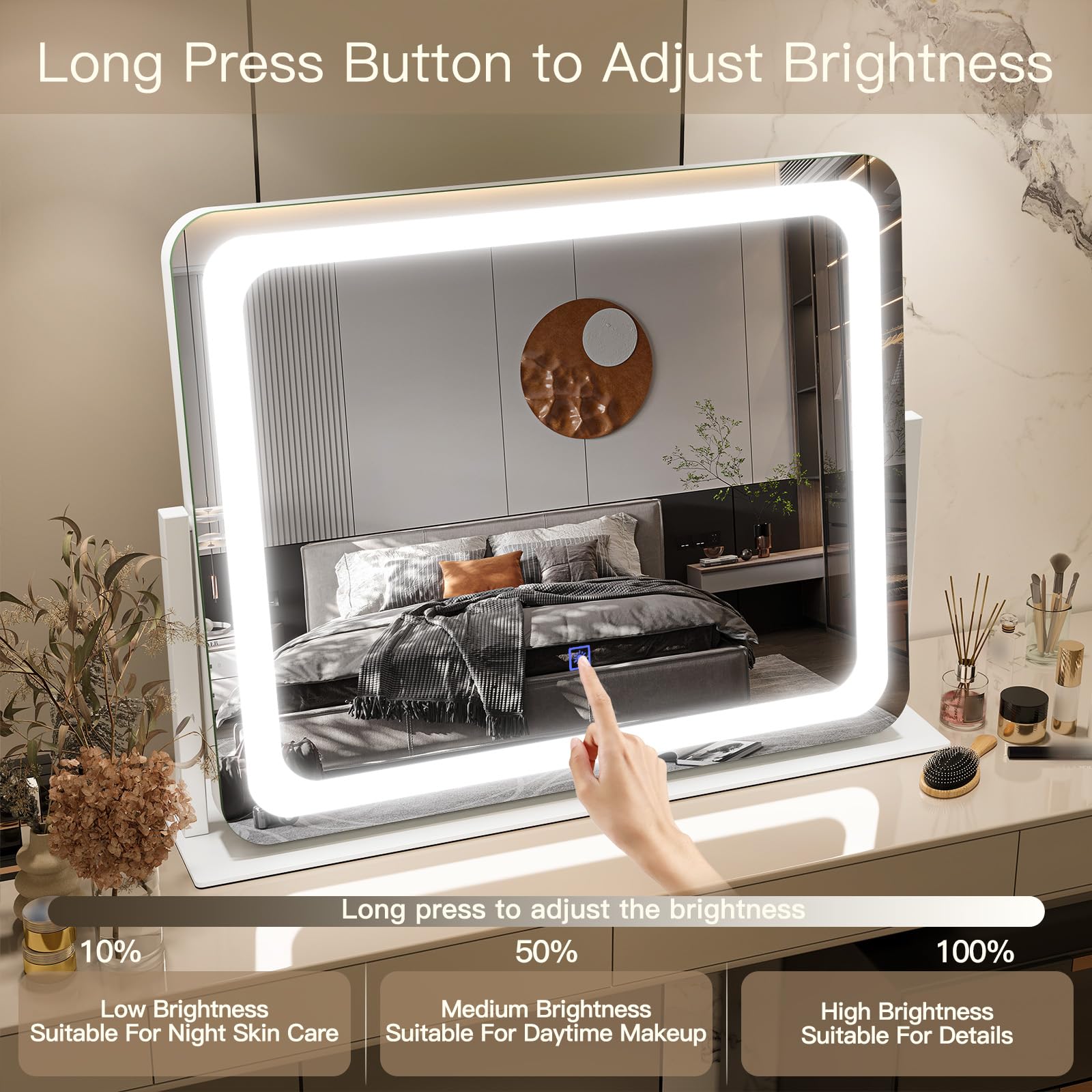 Fennio Vanity Mirror With Lights 22''X19'' Makeup Mirror With Lights,Vanity Mirror Touch Screen With 3-Color Lighting,Dimmable,F